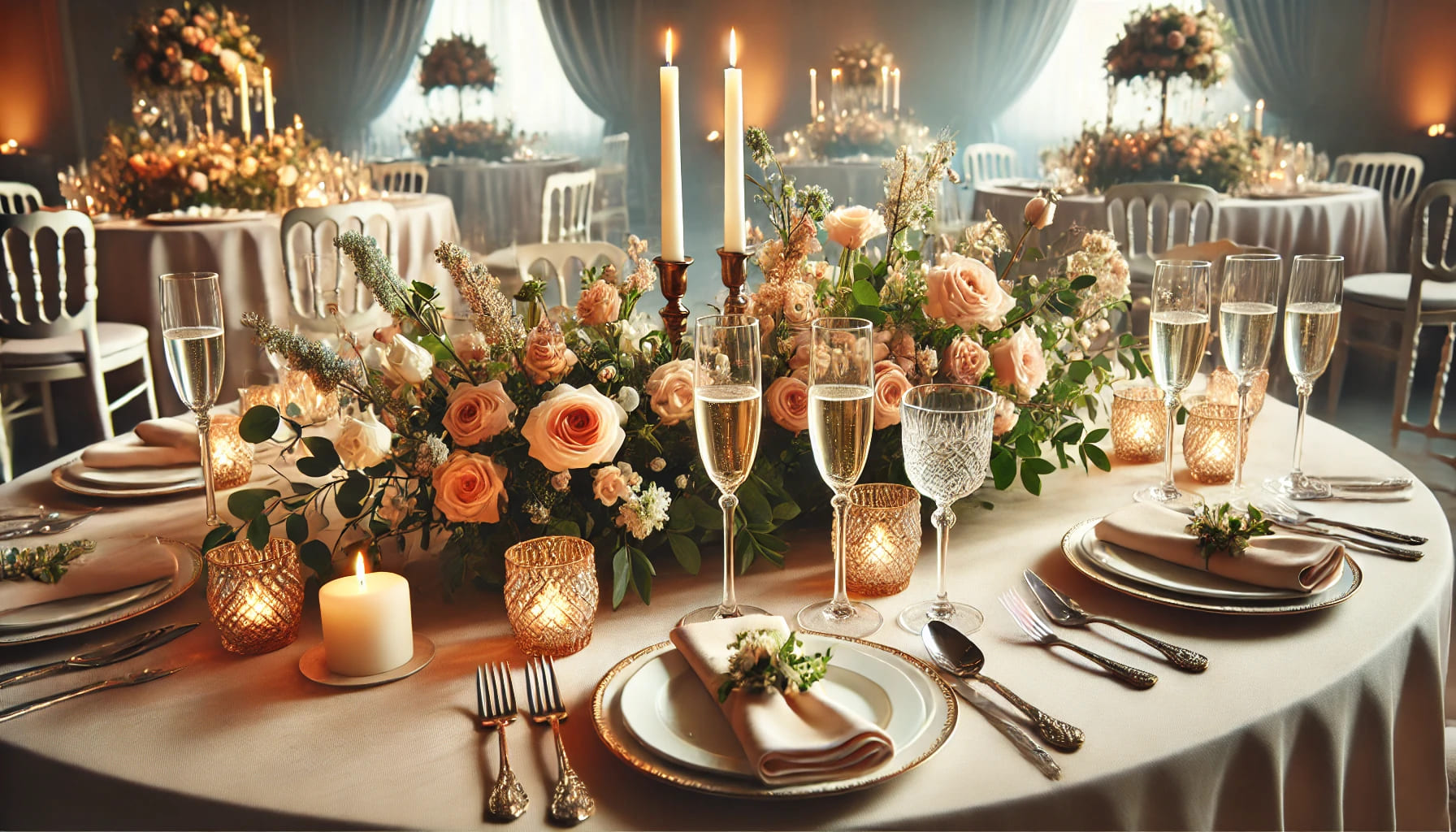 An elegant wedding reception table set with champagne flutes and wine glasses, decorated with flowers and candles. The setting should convey a luxurio