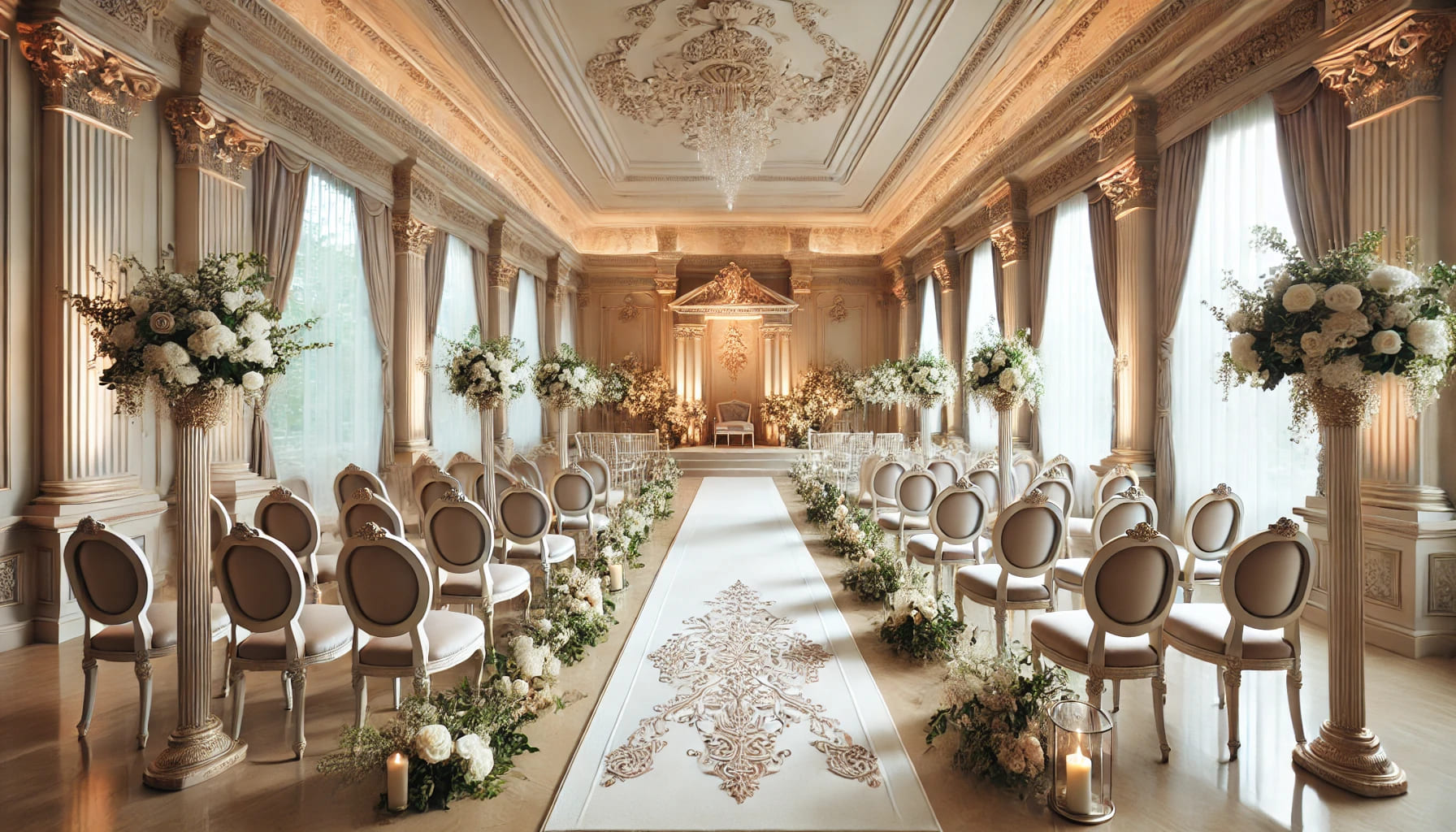 An elegantly decorated indoor wedding ceremony space featuring luxurious chairs with floral arrangements on each row, a white aisle runner