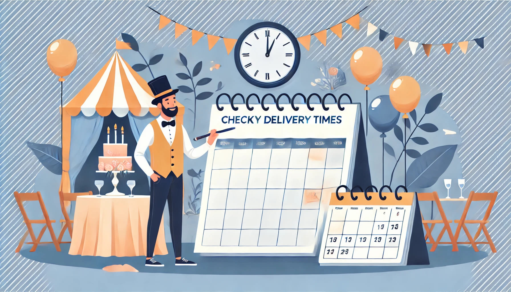 An event planner checking a calendar and schedule to ensure timely delivery and setup of party furniture, illustrating the importance of checking deli