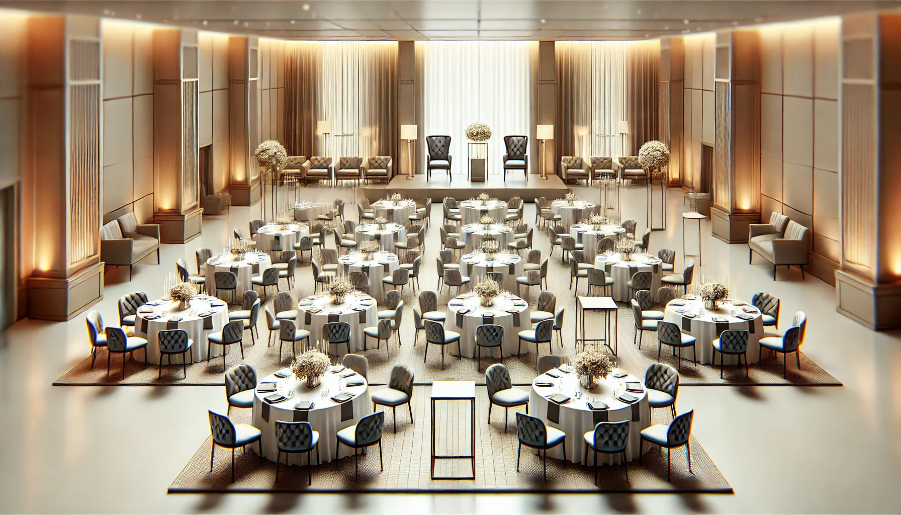 An indoor event setting illustrating a variety of rented furniture, such as chairs, tables, and elegant decor, arranged for a corporate conference. Th