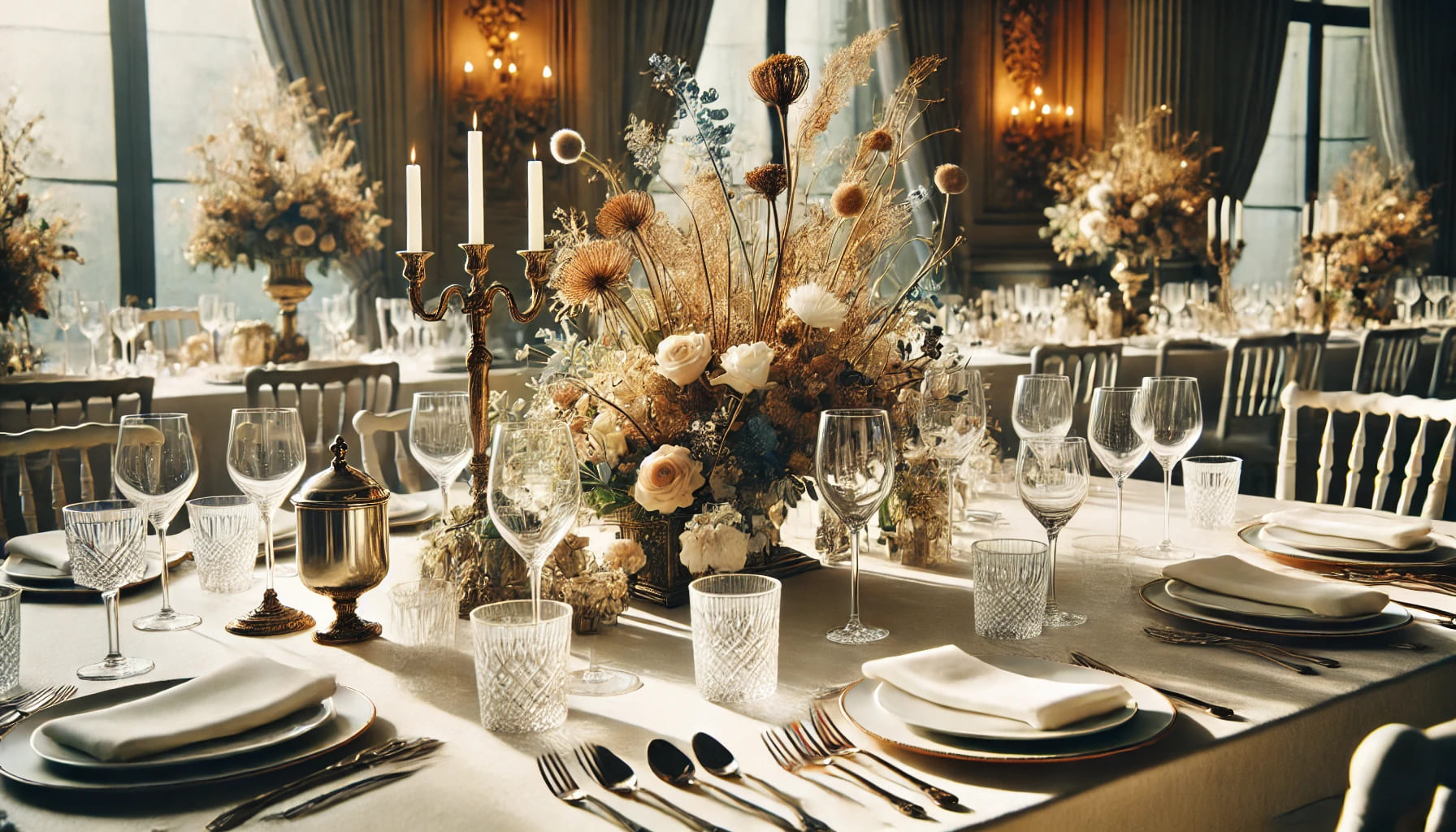 Elegant event table setup with various types of glassware, showcasing wine glasses, champagne flutes, and water tumblers in a beautiful setting