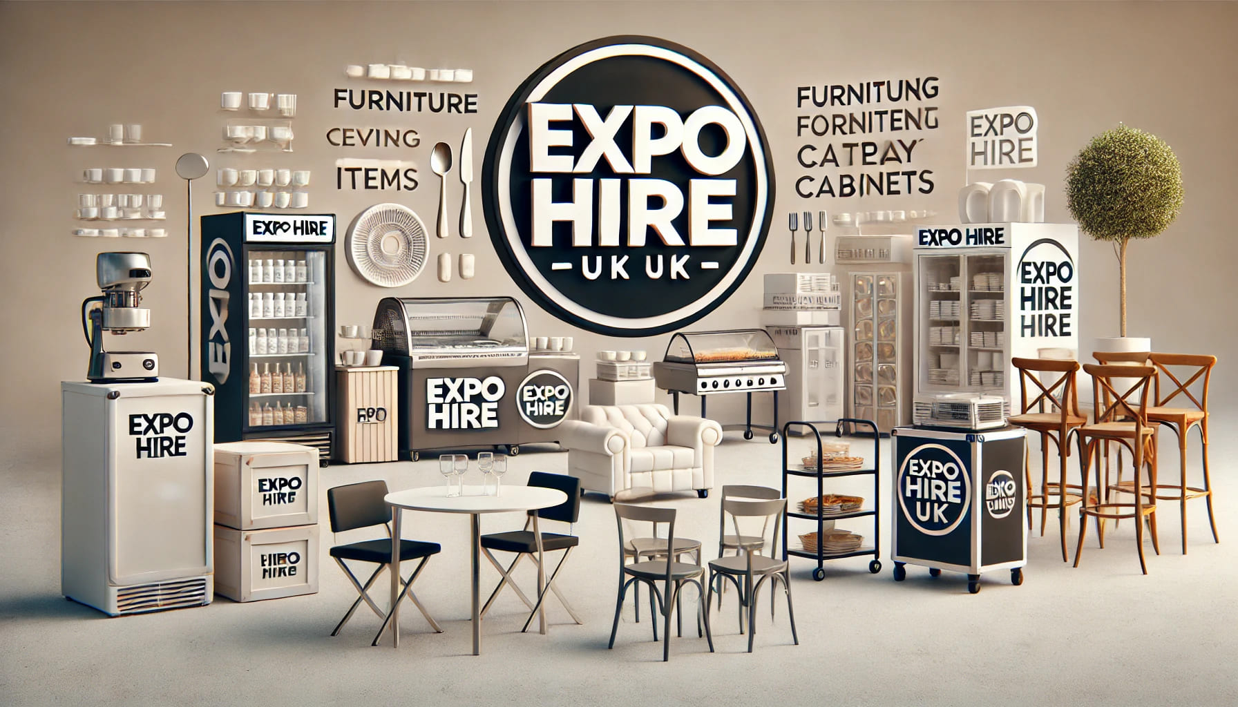 Expo Hire UK logo and branding with a backdrop of various event equipment including furniture, catering items, and display cabinets, showcasing their