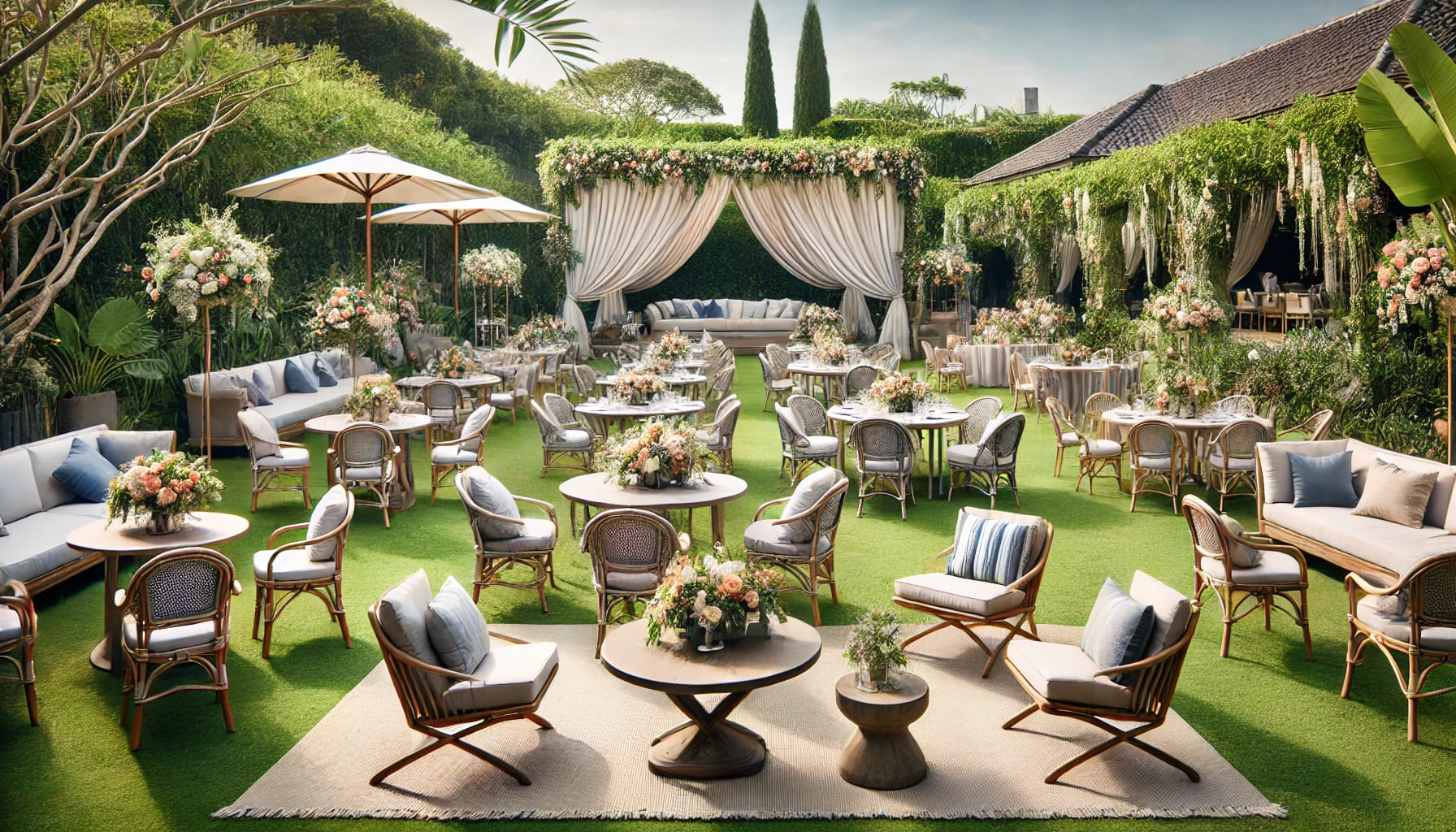 Outdoor event setup with elegant garden furniture, showing a mix of tables, chairs, and sofas, under a clear sky in a garden setting