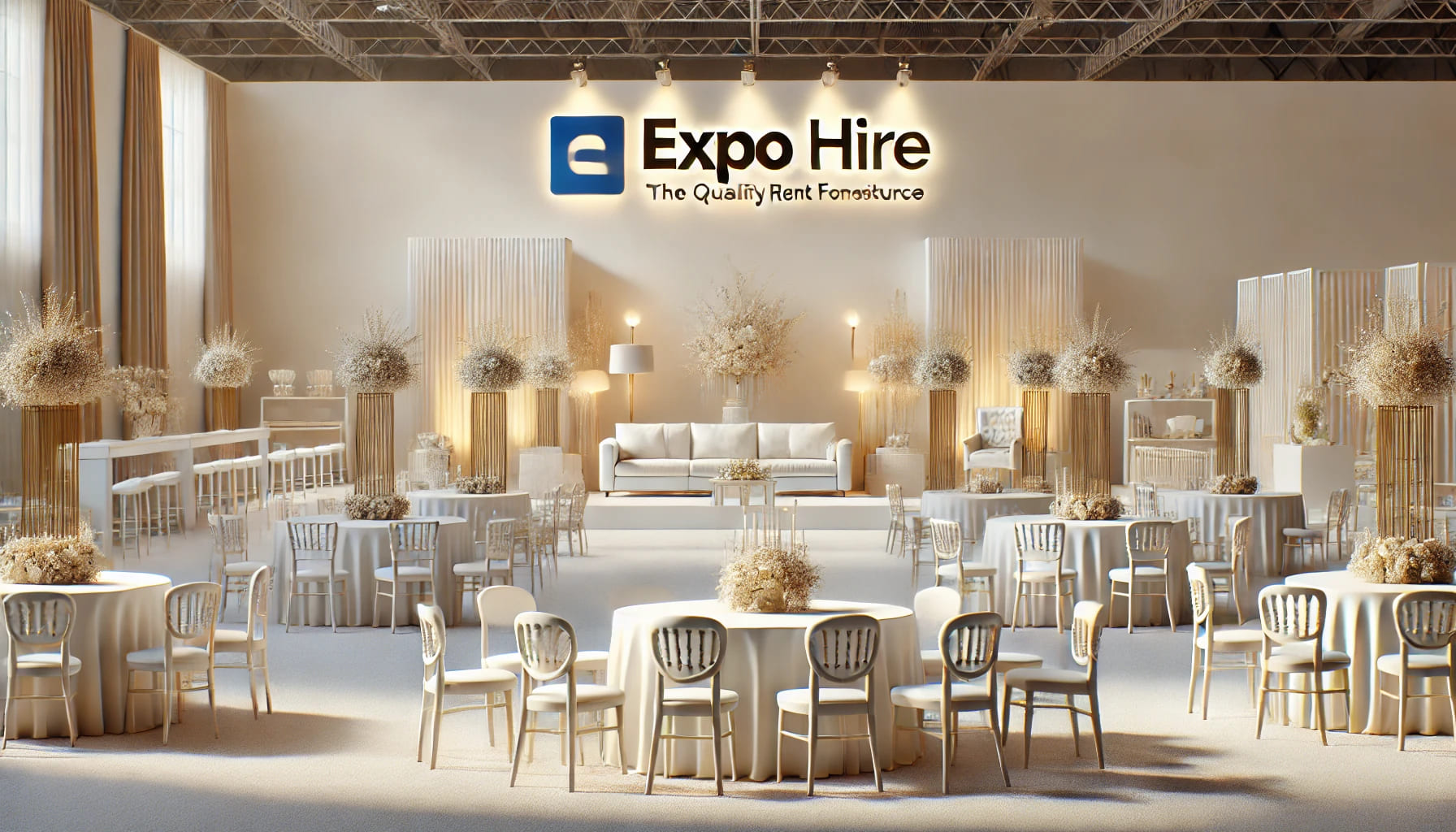 20 A realistic image of a well-arranged event setup featuring high-quality rental furniture from Expo Hire, with a focus on the overall success and profe