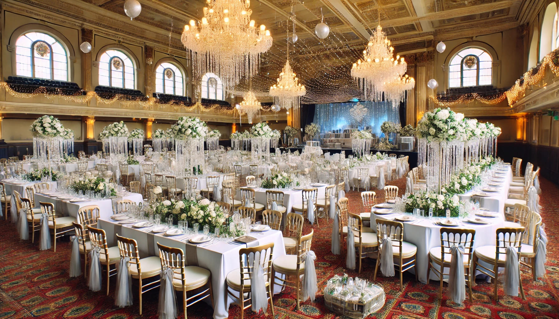 A variety of wedding furniture and equipment from Expo Hire UK set up in a reception hall, including tables, chairs, and decorations