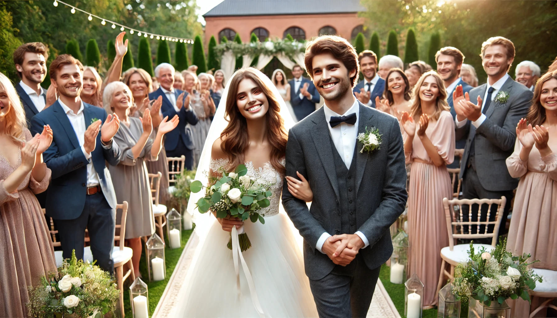 A happy newlywed couple walking down the aisle, guests applauding and celebrating in an outdoor wedding setting