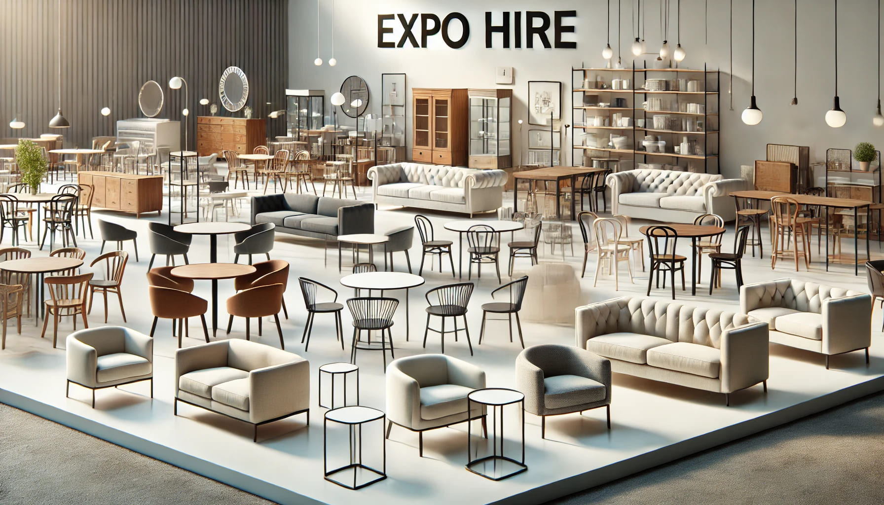 21 A realistic image showing a variety of furniture types available for rent from Expo Hire. The scene includes different styles of chairs, tables, sofas