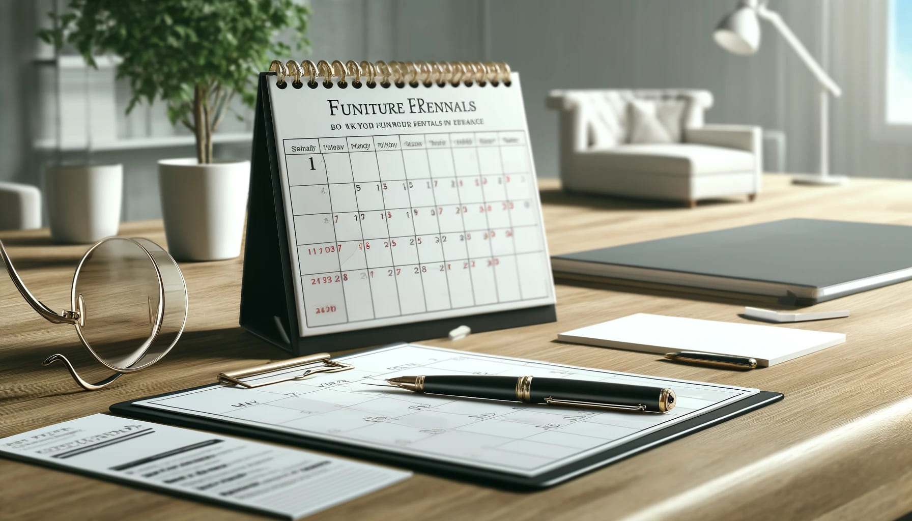 22 A realistic image showing a calendar on a desk with event planning materials around it, symbolizing the importance of booking furniture rentals in adv