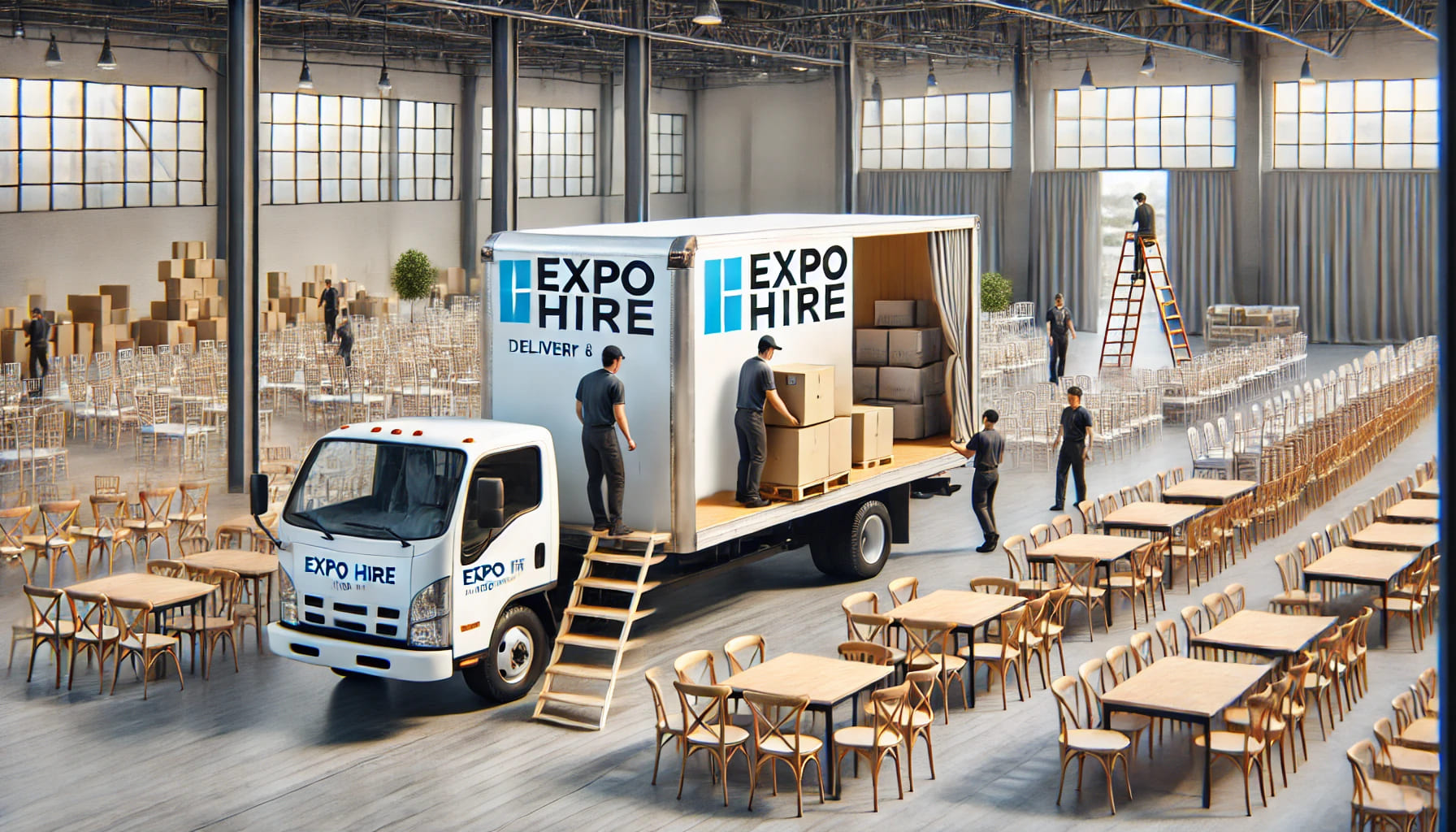 23 A realistic image showing a delivery truck with the Expo Hire logo parked outside an event venue. The scene includes team members unloading and settin