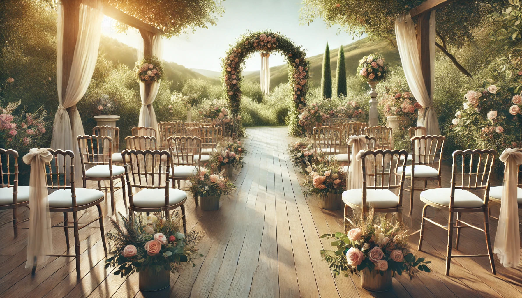 A beautiful outdoor wedding venue set up with chairs and an archway, ready for a last-minute wedding. No text