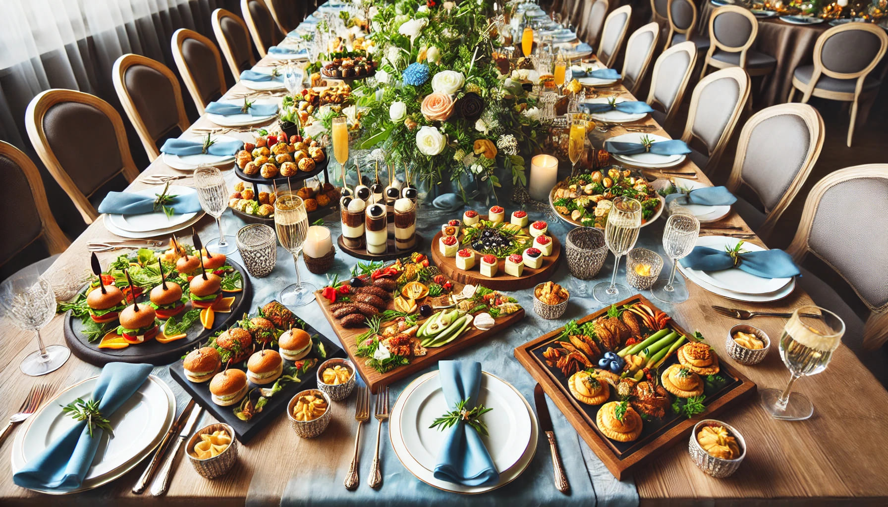 A beautifully arranged table with a variety of menu options for an event, including appetizers, main courses, and desserts