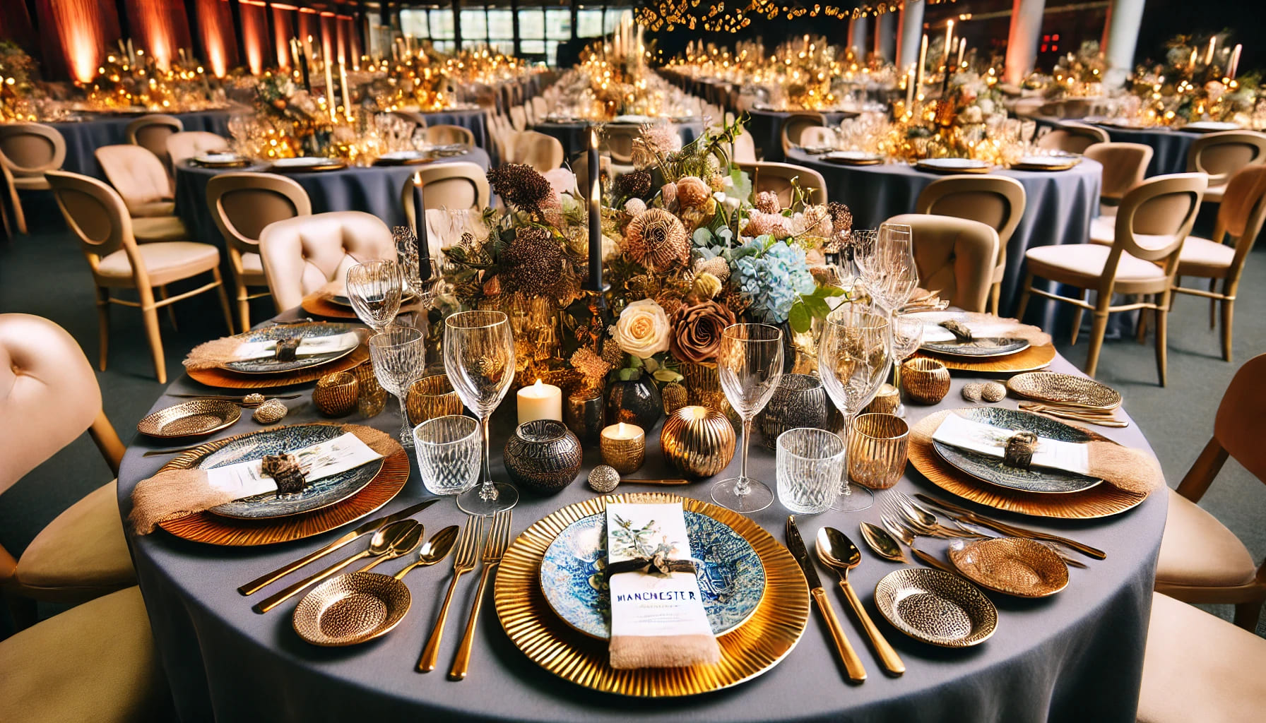 A beautifully decorated event table showcasing different styles of plates and cutlery, set for a Manchester event. The table includes a variety of tex