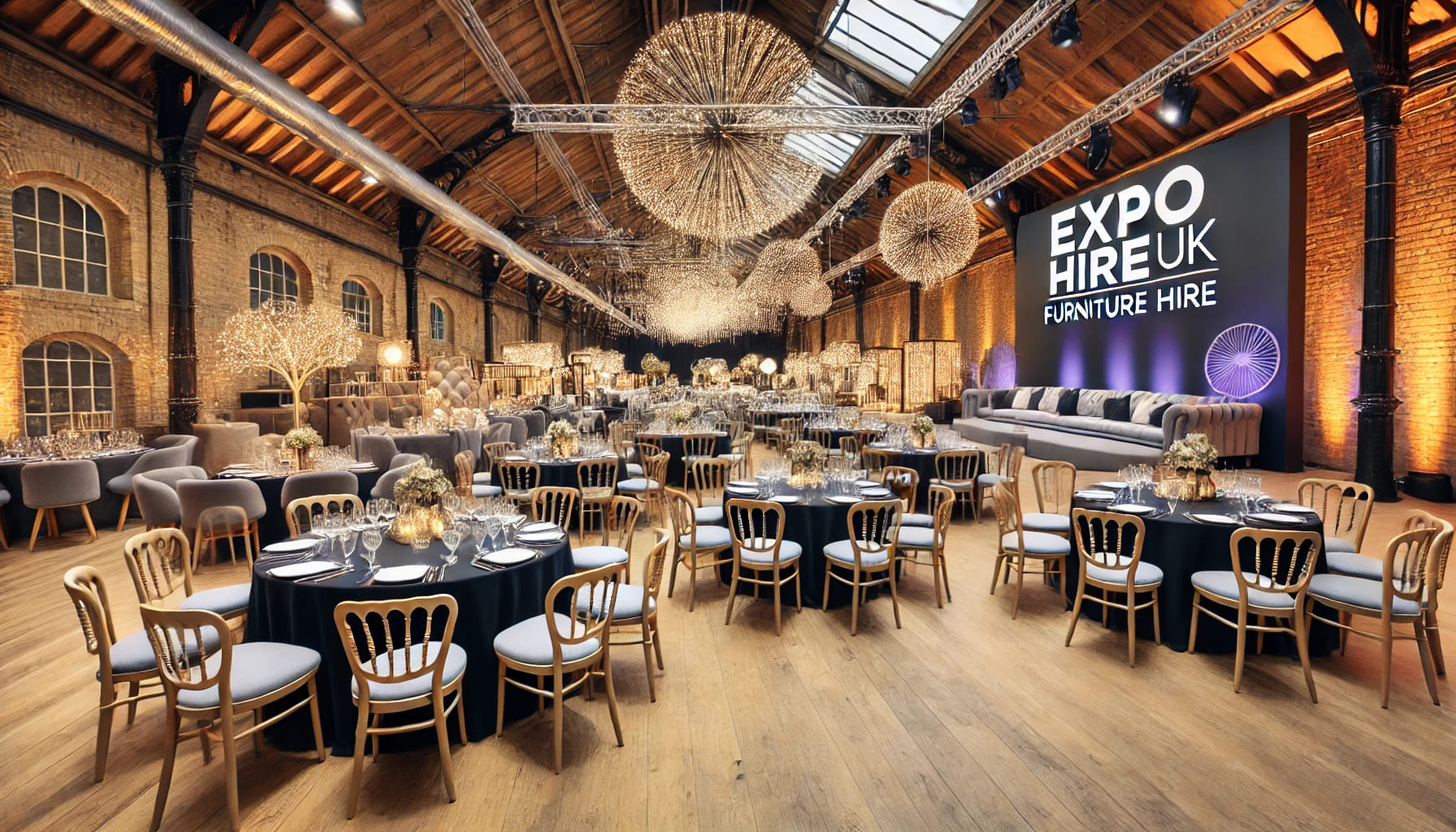 A beautifully set event venue featuring a variety of hired furniture such as chairs, tables, and sofas, showing the versatility and quality of Expo Hi