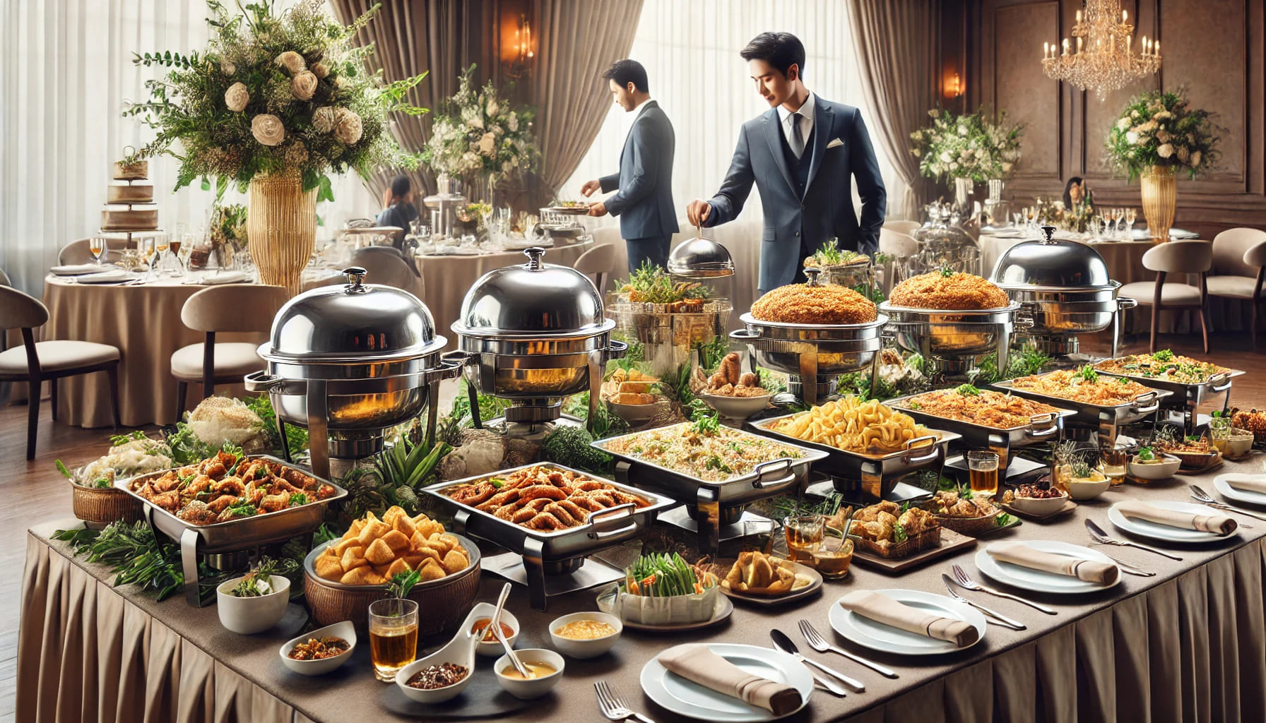 A buffet setup with a variety of dishes displayed on large plates and chafing dishes. Guests are seen serving themselves from the buffet table, which