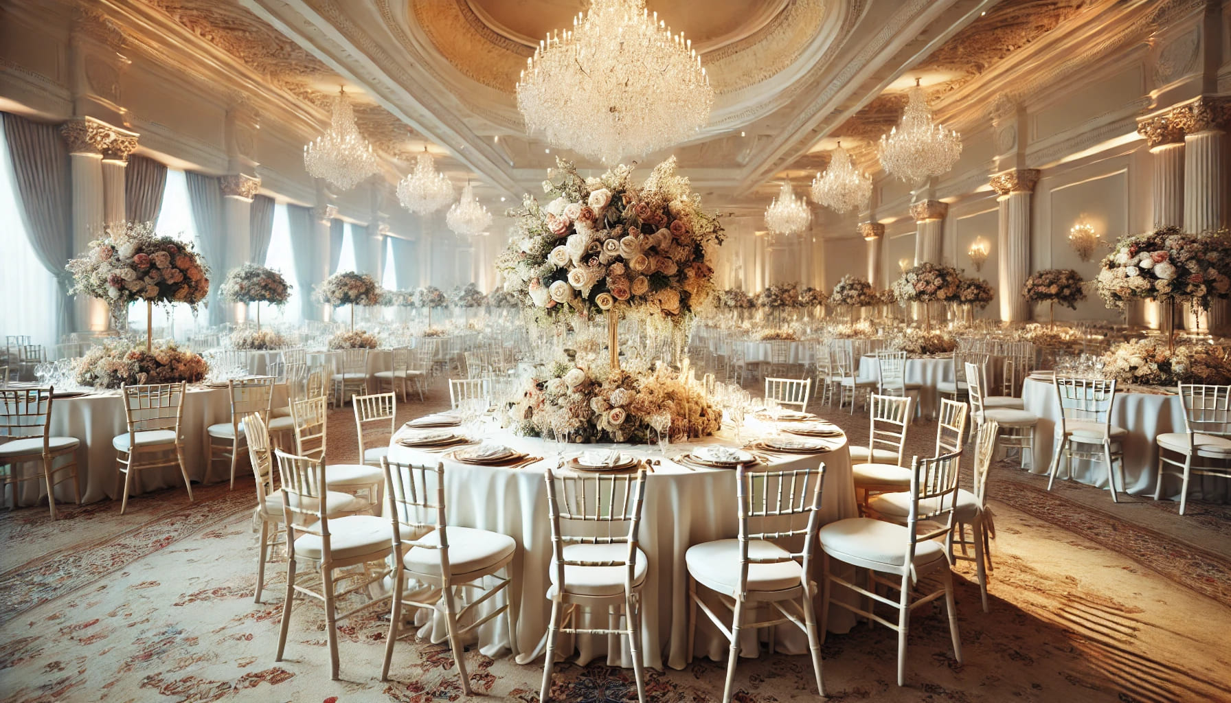 A classic wedding setting with Chiavari chairs, round tables with white linens and elegant floral centerpieces, set in a grand indoor venue with chand