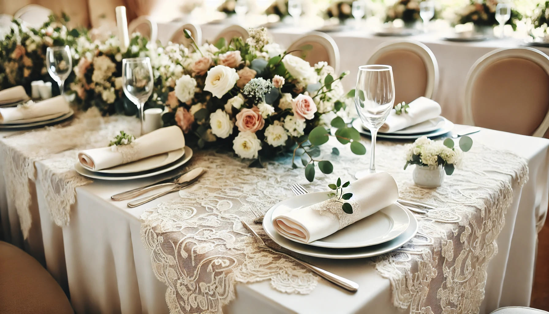 A close-up view of a wedding table set with carefully chosen table linens. The table features a white tablecloth with an elegant lace overlay, matchin