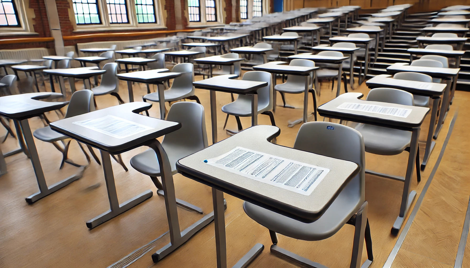 A close-up view of exam desks arranged in a UK exam hall, showcasing their slanted tops and lightweight design. The desks are modern and practical, su