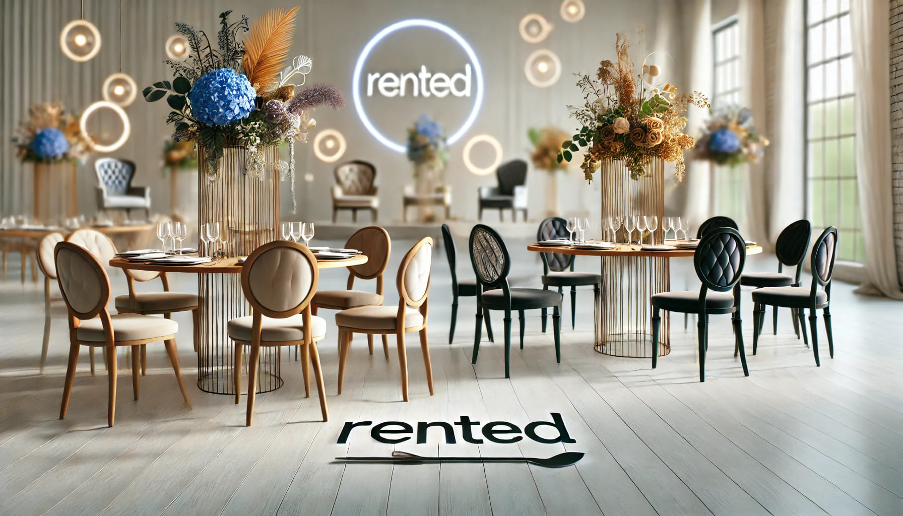 A close-up view of various rented furniture pieces being selected and arranged for a stylish indoor event, featuring modern chairs and tables with ele