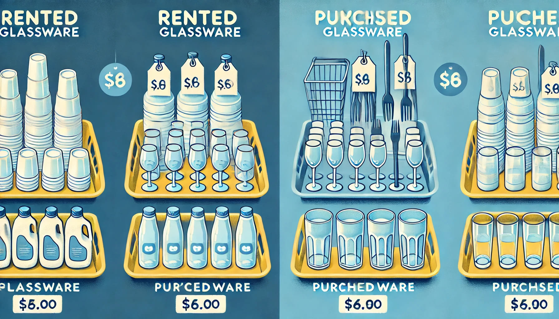 A comparison image showing rented glassware neatly arranged on one side and purchased glassware with price tags on the other side