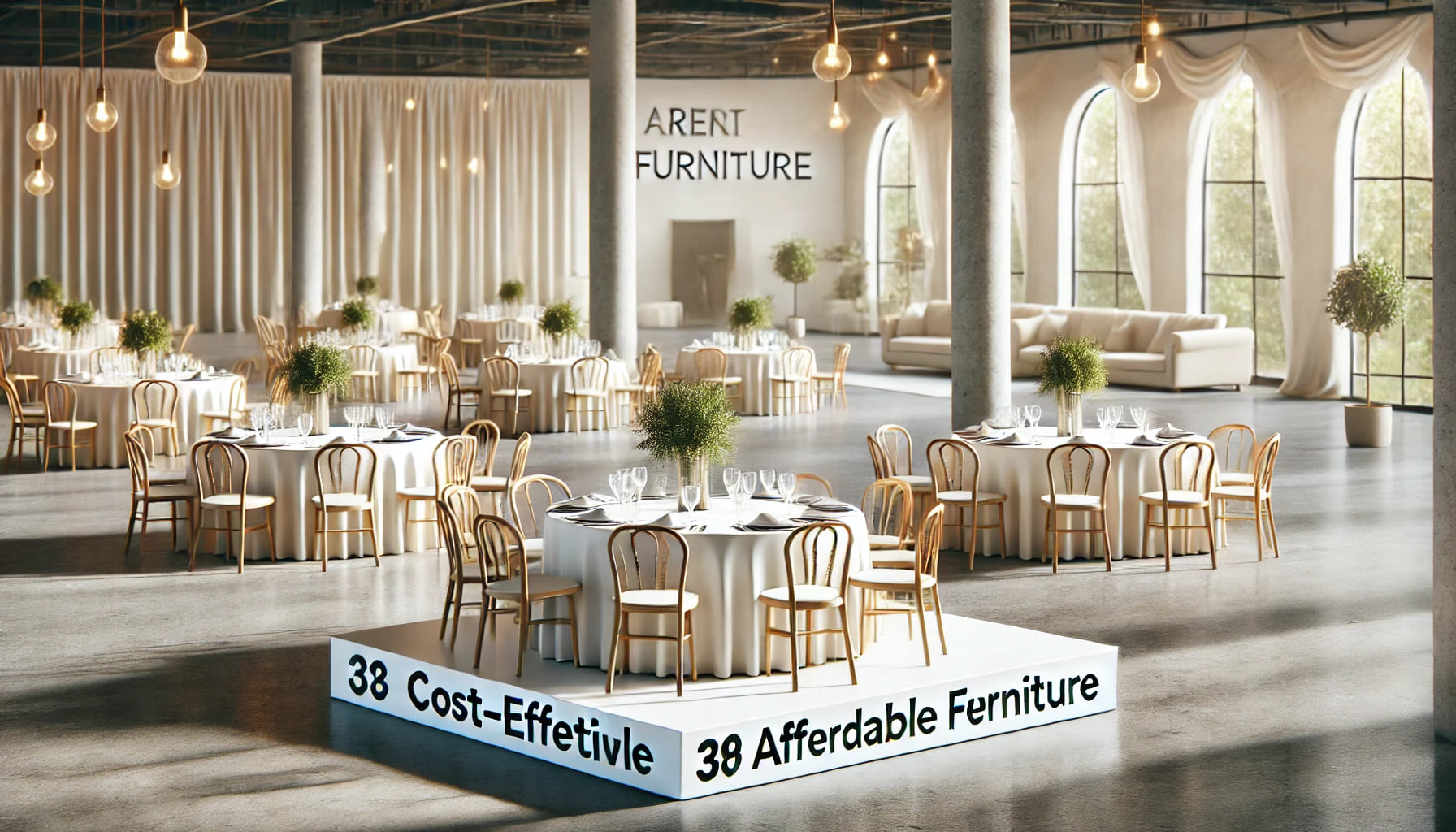 3 A cost-effective event setup with rental furniture, showcasing an affordable yet elegant arrangement of tables and chairs in a medium-sized venue. The