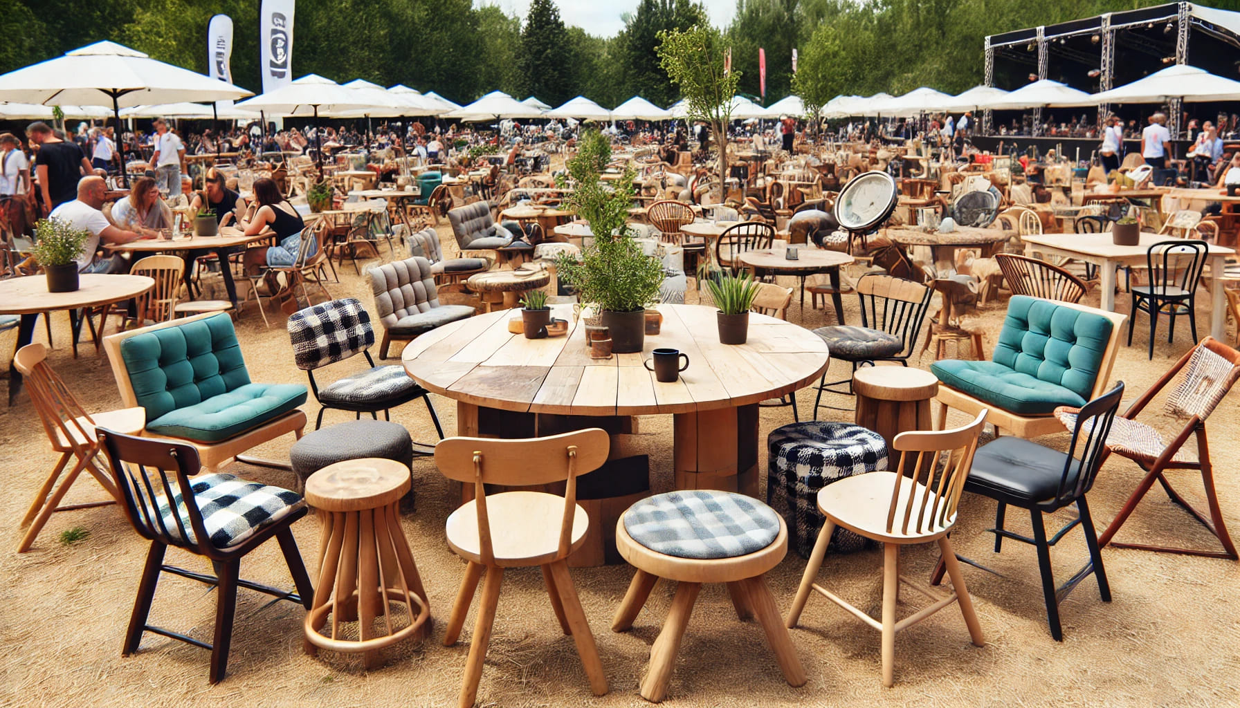 A creative and unique furniture arrangement at an outdoor event, featuring various styles of chairs and tables that break the traditional setup