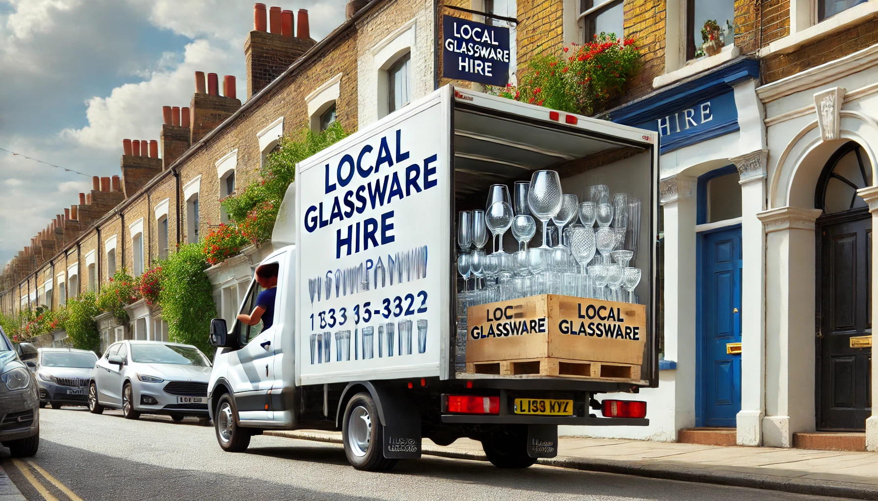 A delivery van from a local glassware hire company unloading glassware for an event in London, emphasising the convenience of using local suppliers