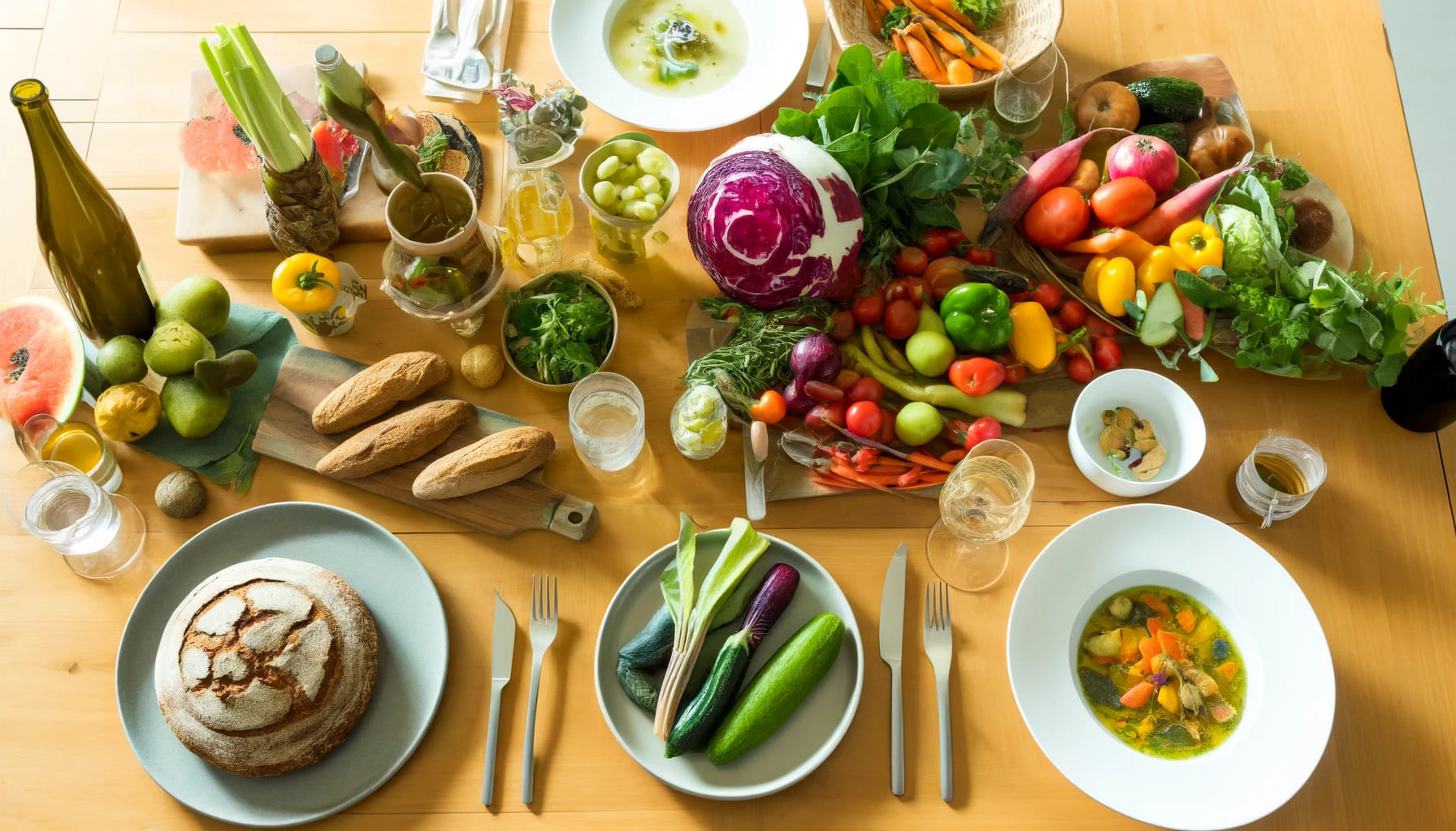 A dining table filled with dishes made from fresh, locally sourced ingredients, showcasing vibrant vegetables, fruits, and artisanal bread. No text