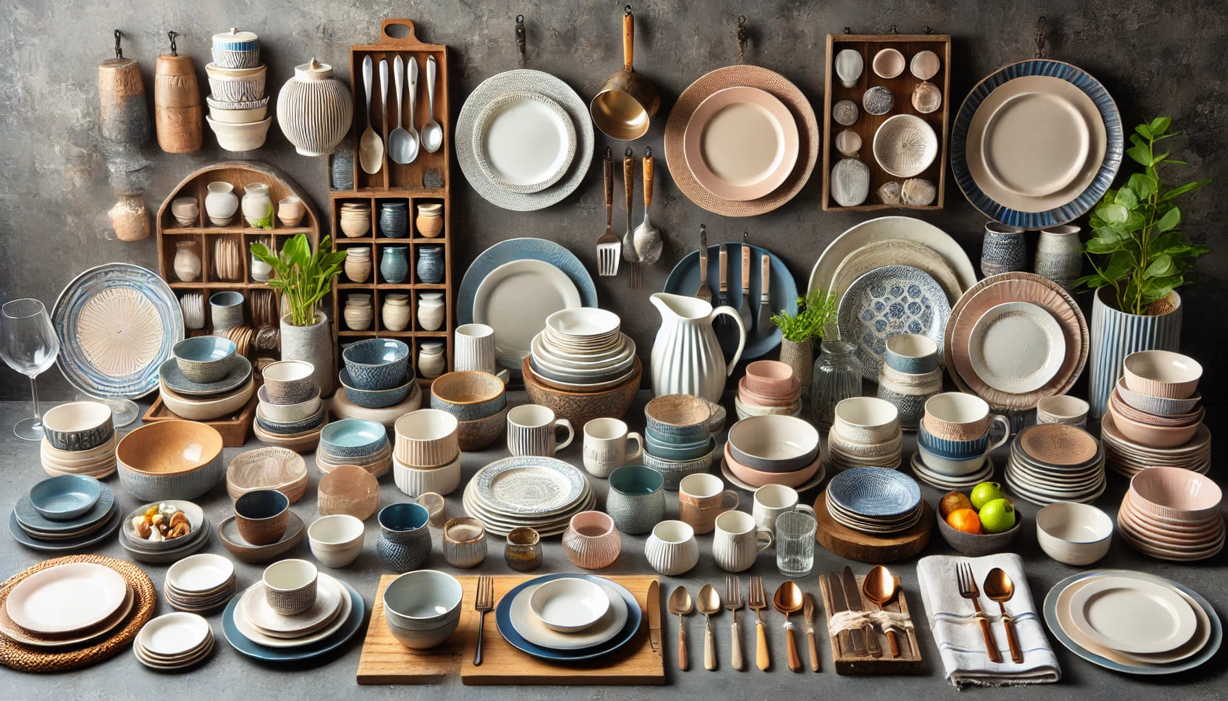 A diverse selection of crockery including plates, bowls, and specialty items displayed in an organised manner, showcasing the variety available for ev