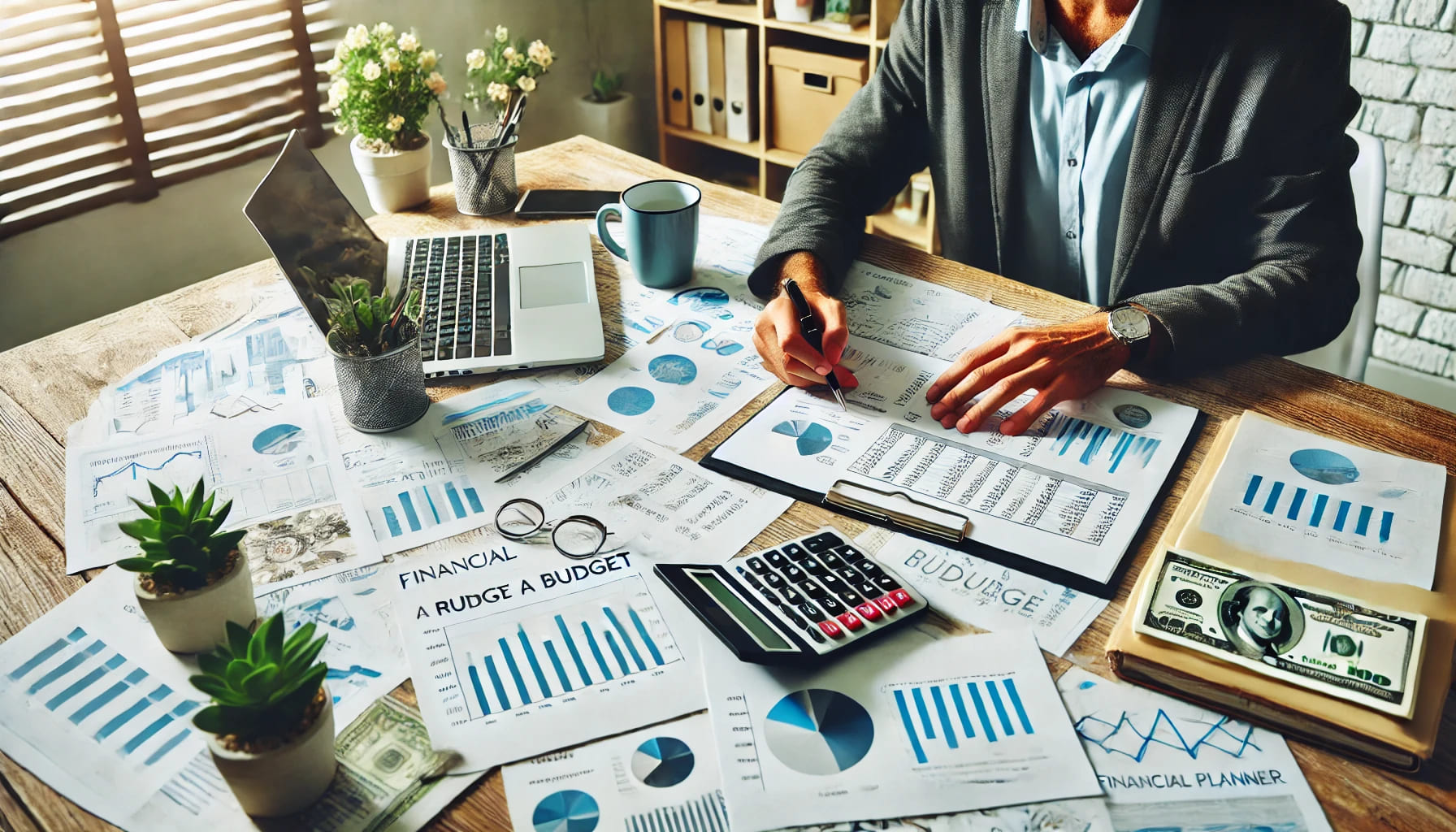 A financial planner working on a budget for an event, with charts, graphs, and notes spread across a desk