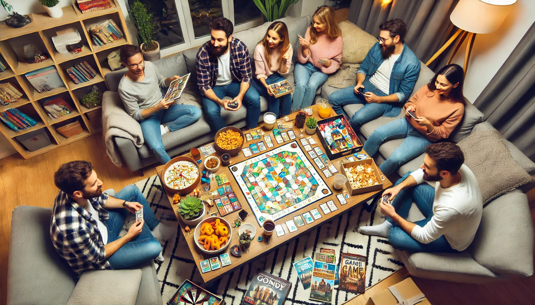 A fun game night with friends in a cozy living room. The setup includes a variety of board games, snacks, and comfortable seating with people enjoying