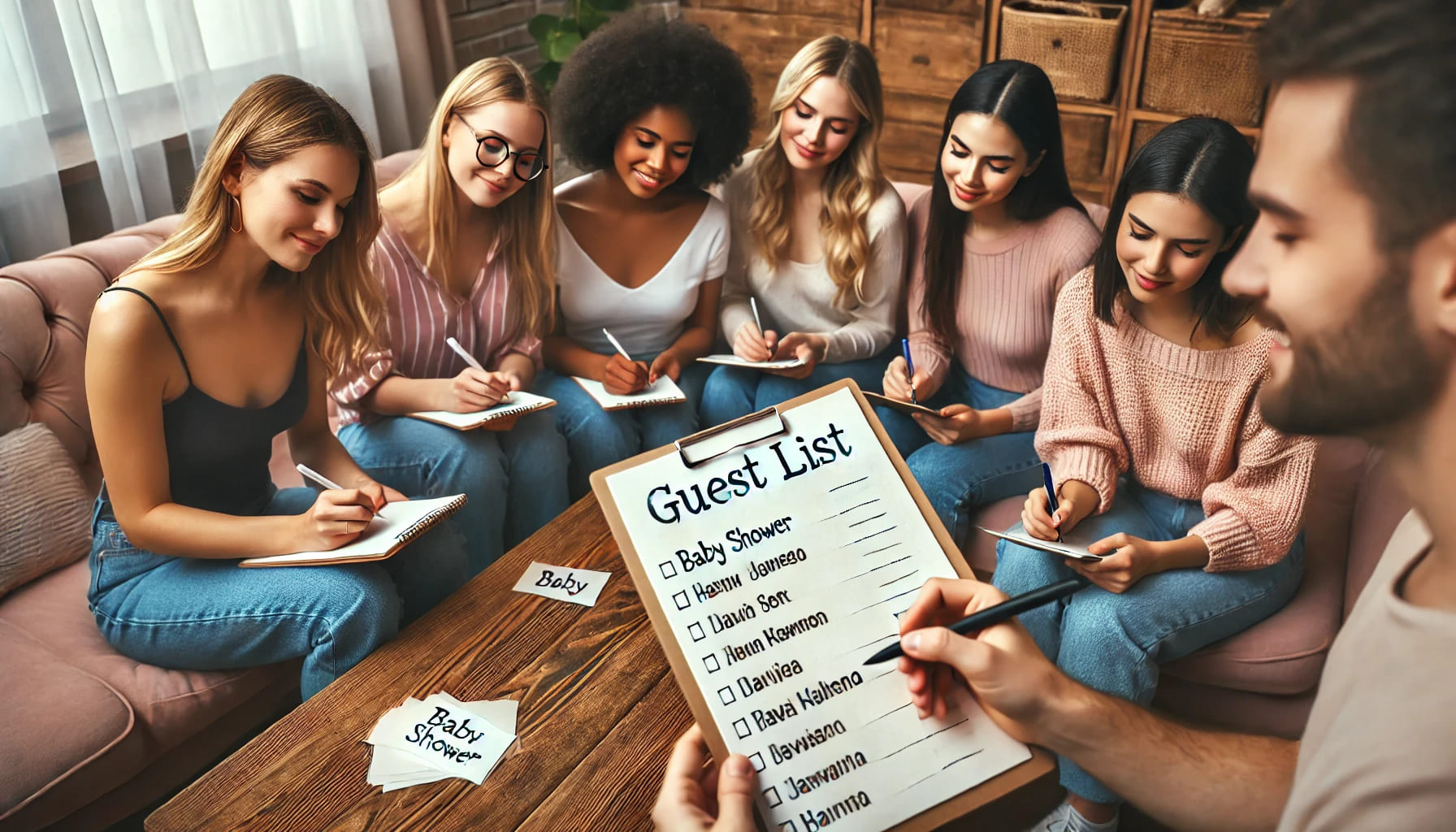 A group of friends sitting together with a list and pens, writing down names, symbolizing compiling a guest list for your baby shower