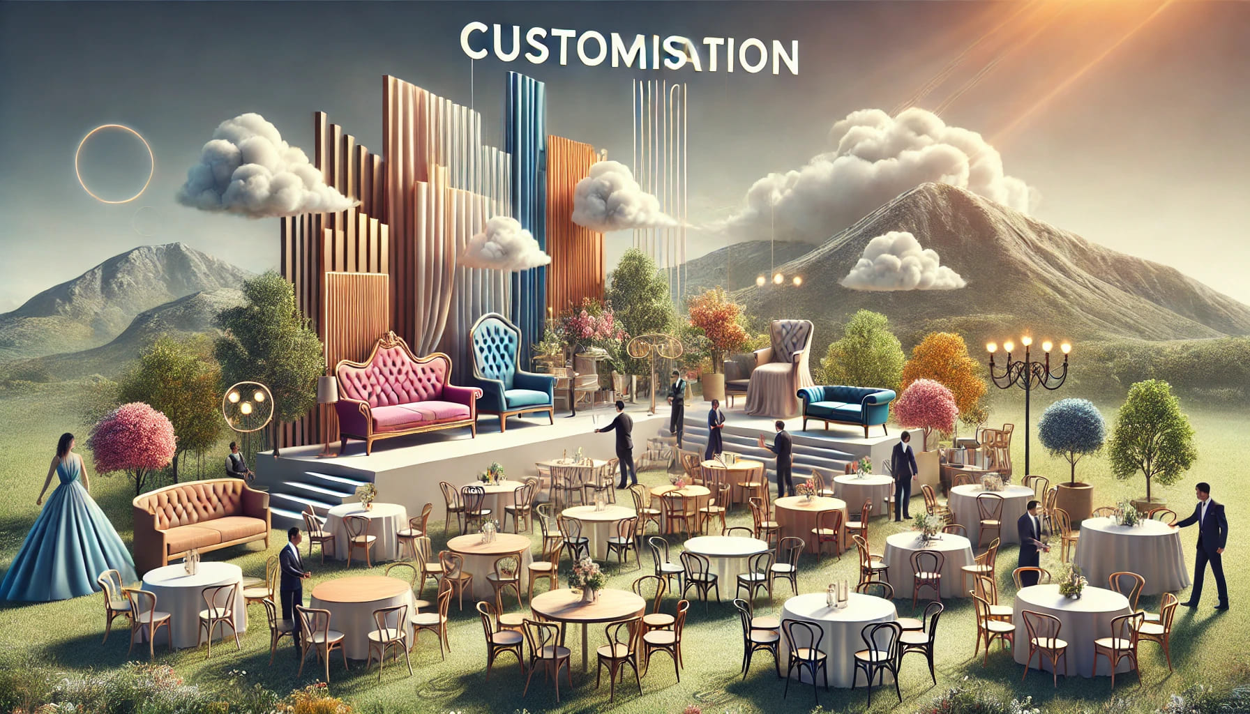 A landscape image depicting a customisation service for event furniture. The scene includes various table and chair styles, each with different color