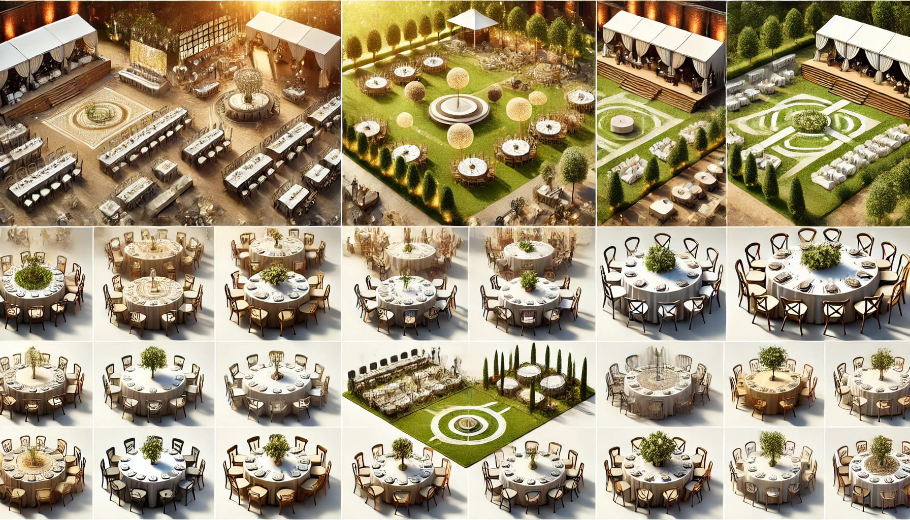 A landscape-oriented image showing a variety of table setups in an event space, highlighting different types of tables suitable for various events.