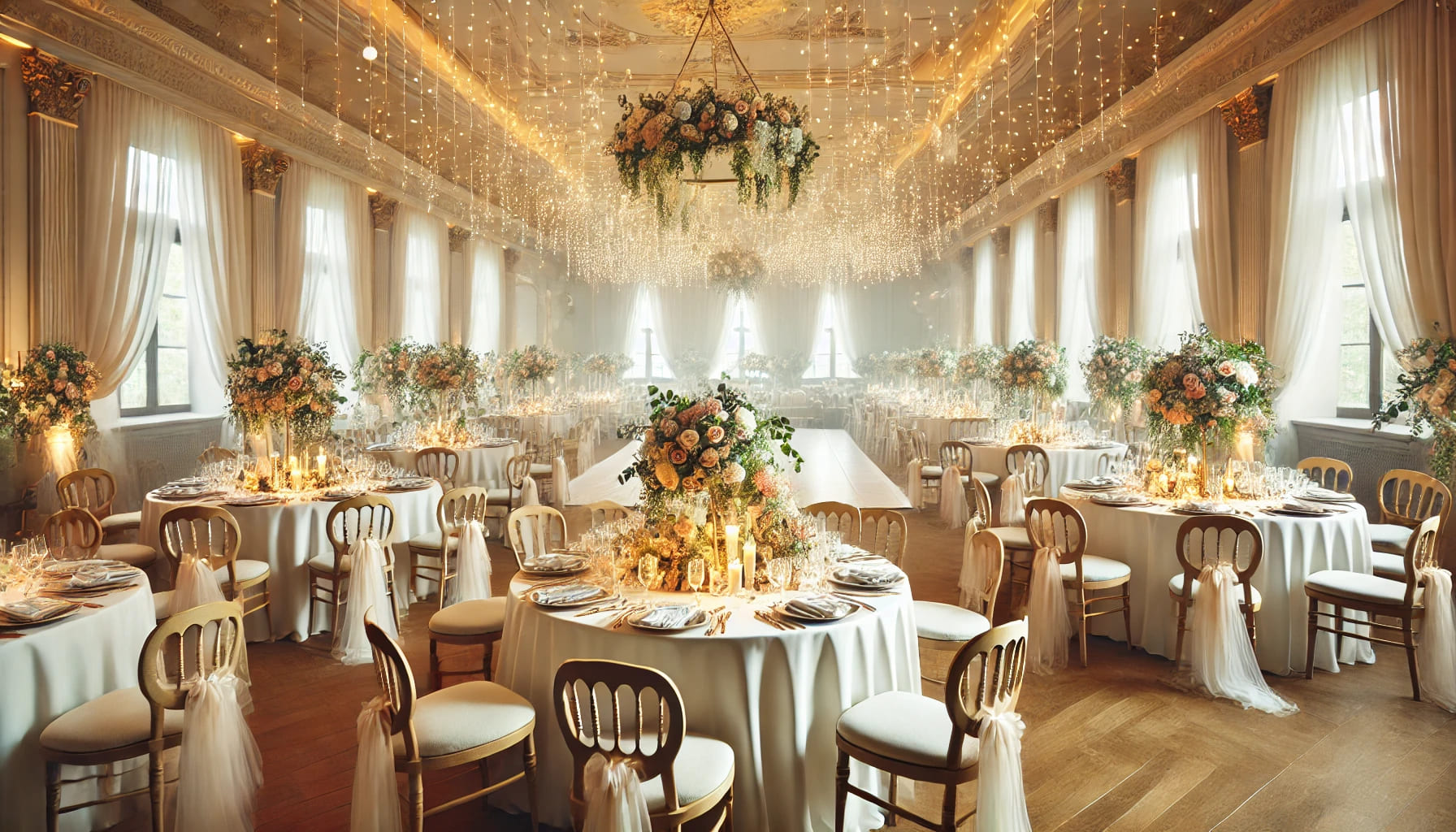 A picturesque wedding reception setup featuring round tables with white tablecloths, elegant chairs, and a variety of floral centrepieces. The setting