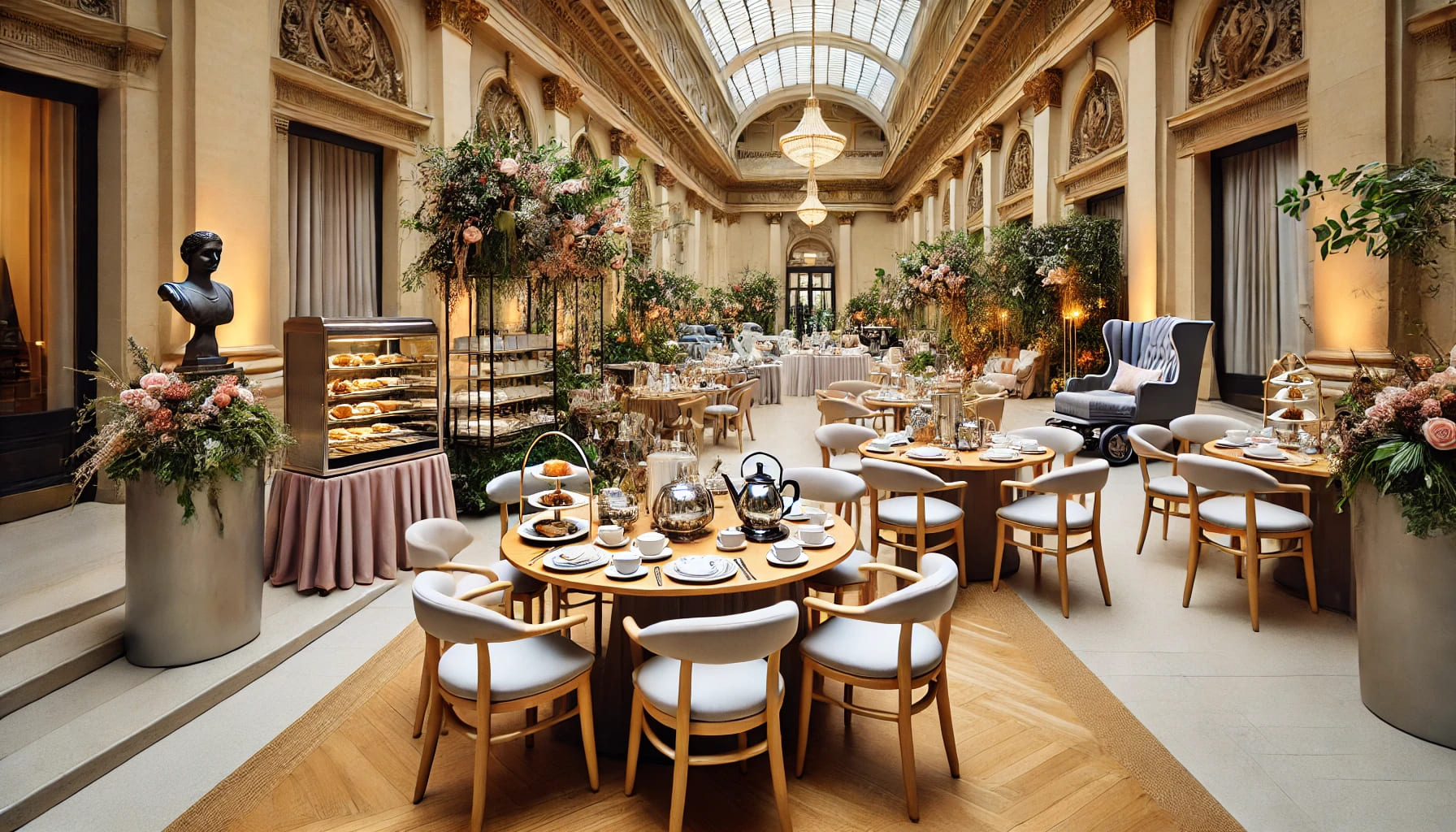 A professional event setup by Expo Hire UK, showing elegant furniture, catering equipment, and decor arranged for an afternoon tea party in London