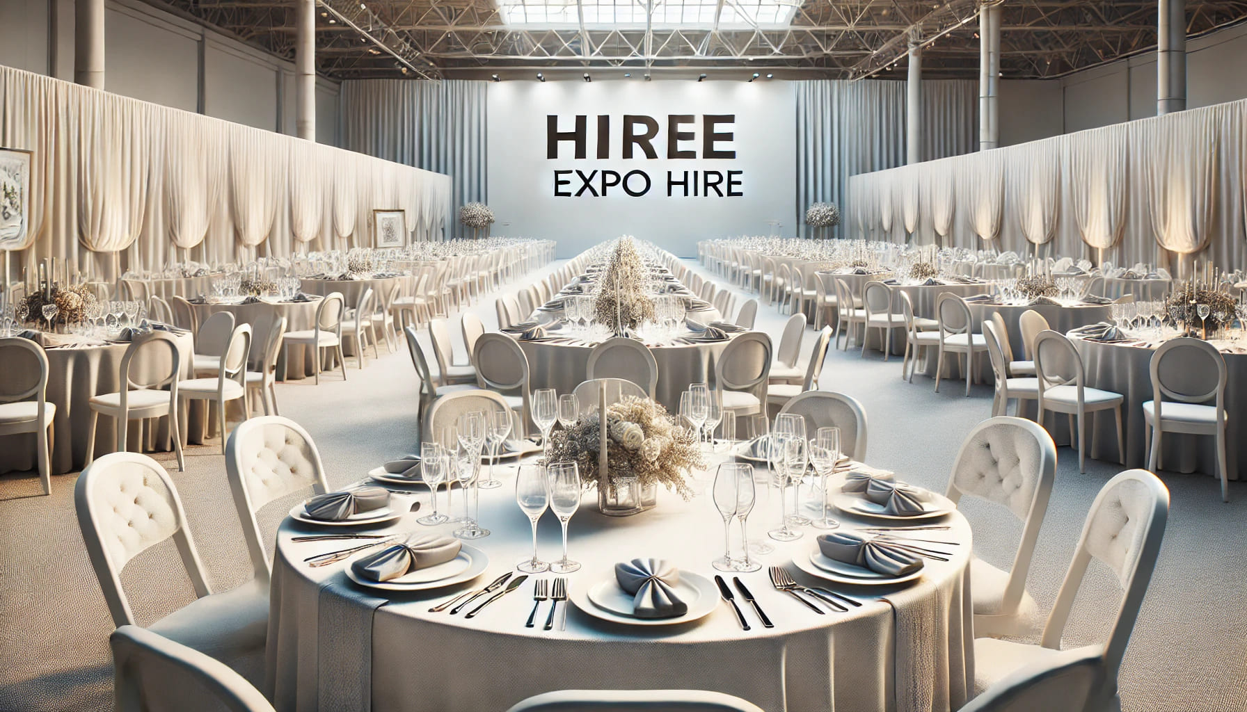 A realistic event setup that demonstrates the benefits of hiring table linens from Expo Hire. The image features a well-organized table layout with