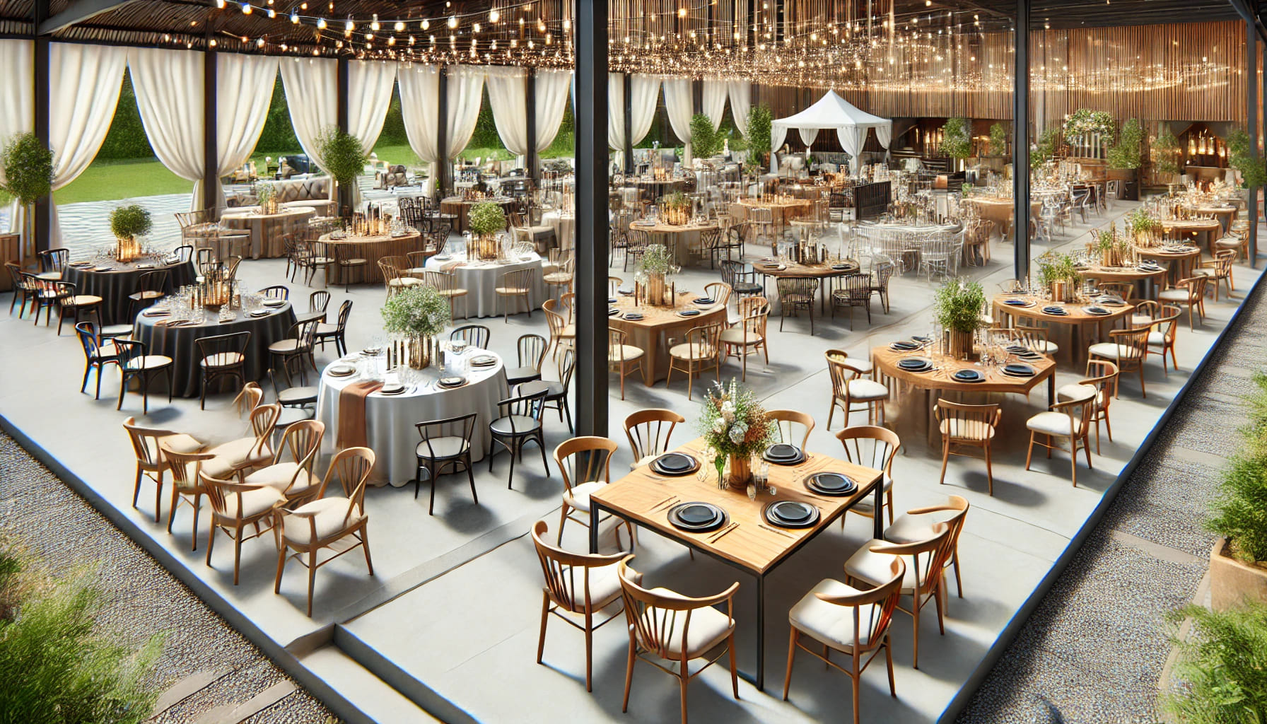 A realistic image depicting a themed event space where tables and chairs are arranged according to different event themes. The image should show secti