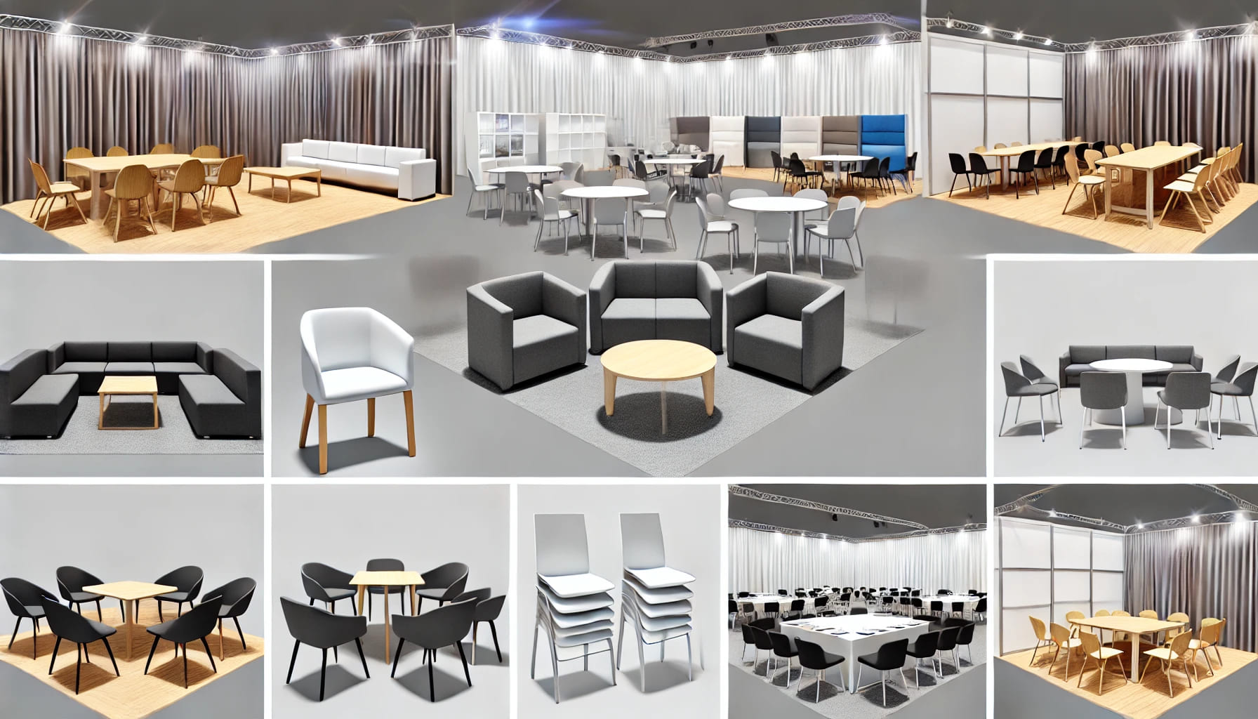 3 A realistic image featuring a wide variety of rental furniture displayed in different event settings. The scene includes modern chairs, tables, sofas,