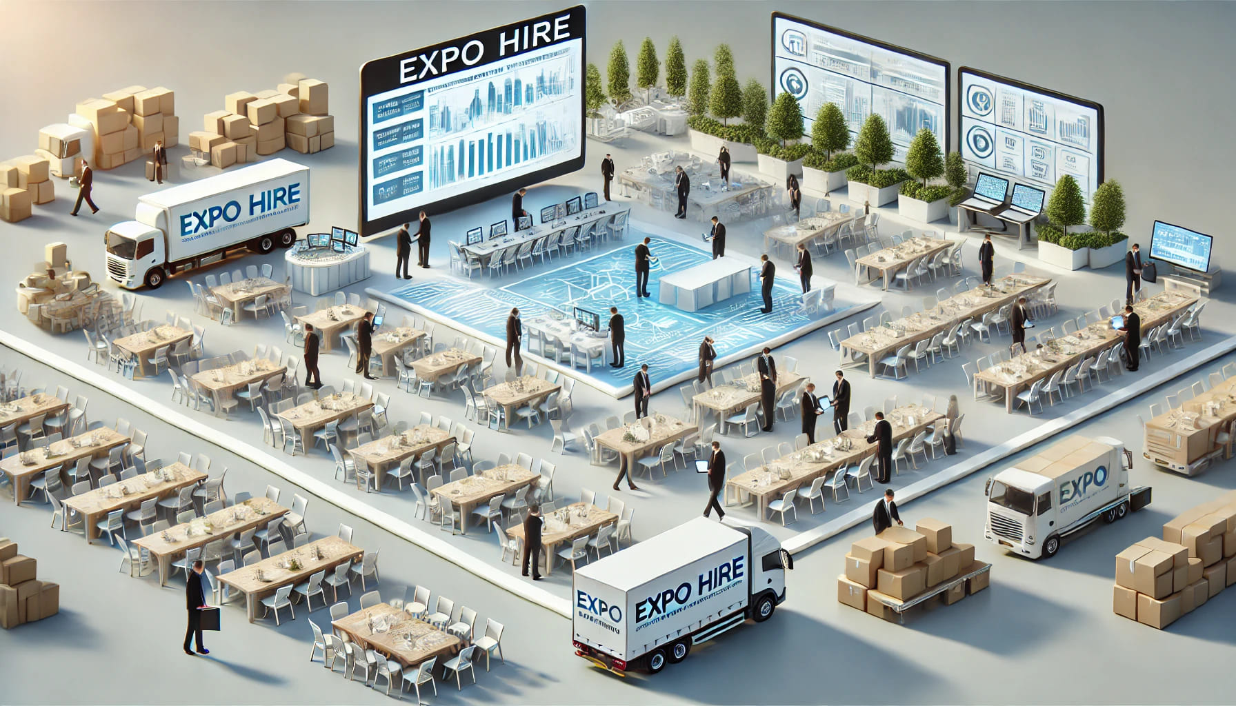 A realistic image in landscape orientation depicting a streamlined event planning process. The scene includes a well-organized event setup with profes