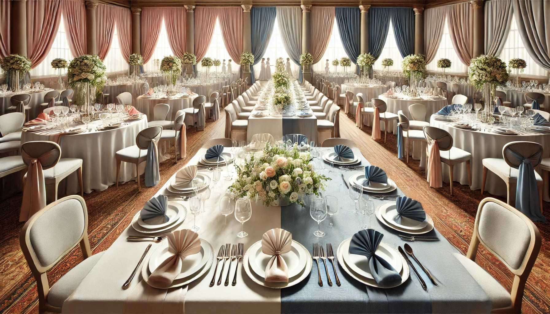 A realistic image in landscape orientation of an event setting where linens are being matched to a specific theme. The image should show tables dressed