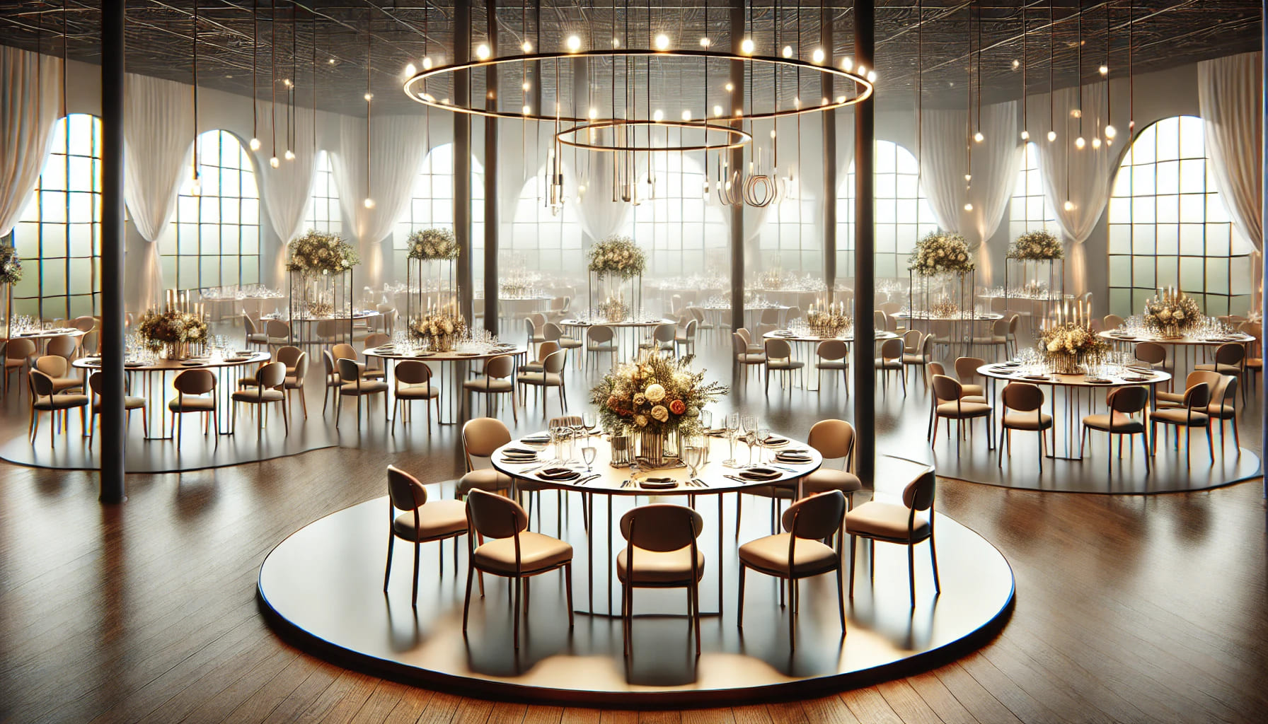 A realistic image of a beautifully arranged event space showcasing the perfect selection of round and trestle tables. The tables should be set up for