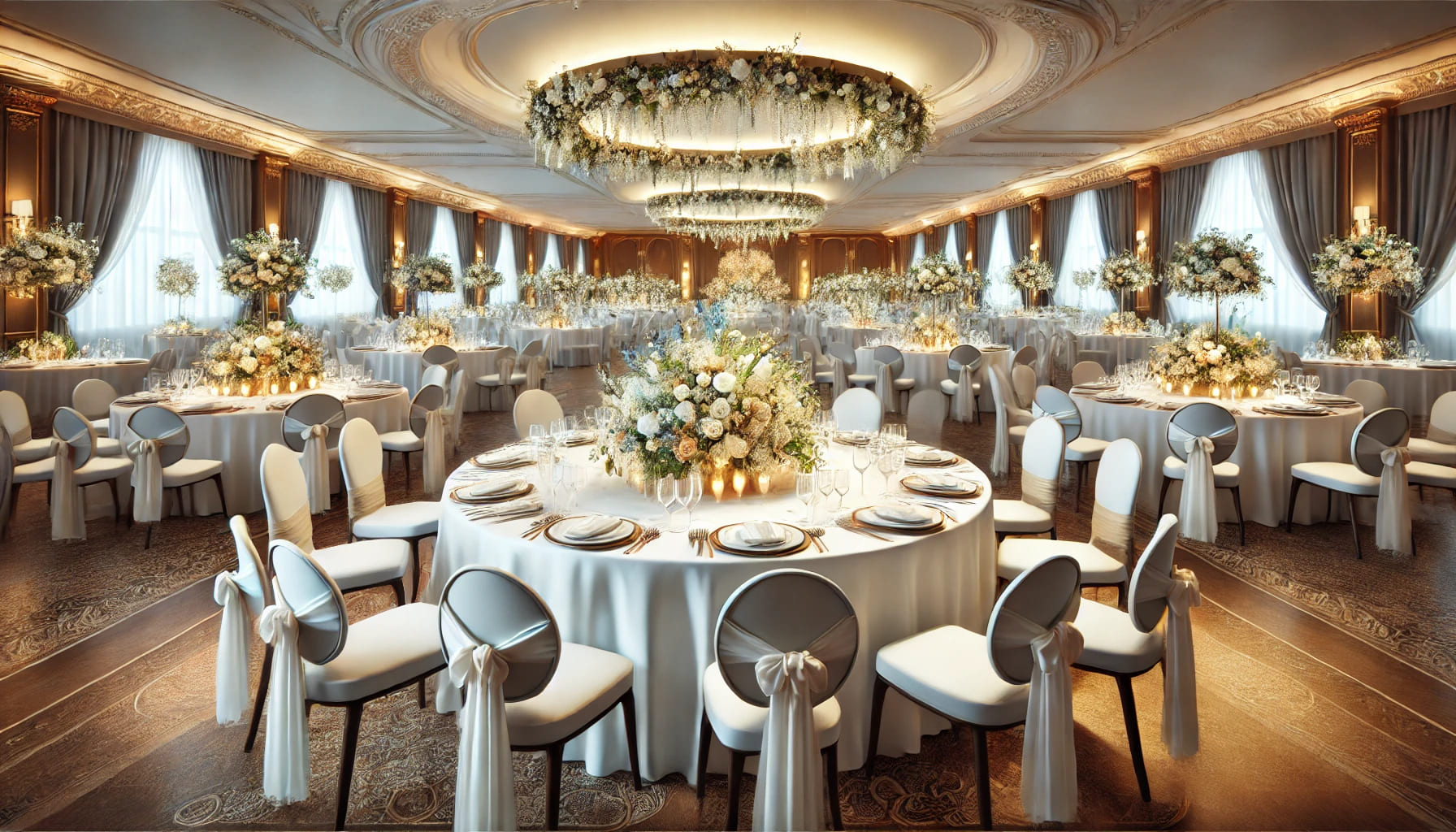 A realistic image of a wedding reception setup featuring round banqueting tables with elegant white tablecloths and centrepieces. The tables are surro