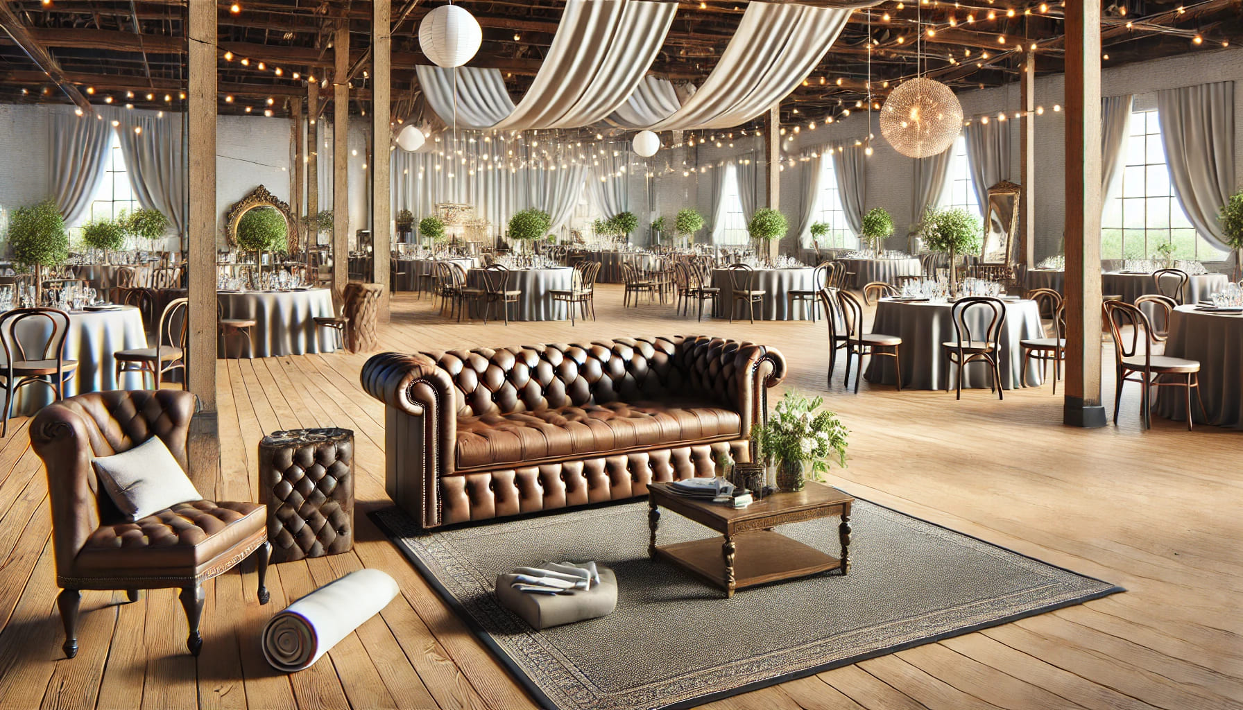 A realistic image of an event venue decorated to match a specific theme, such as a vintage wedding or a modern corporate event. The furniture includes