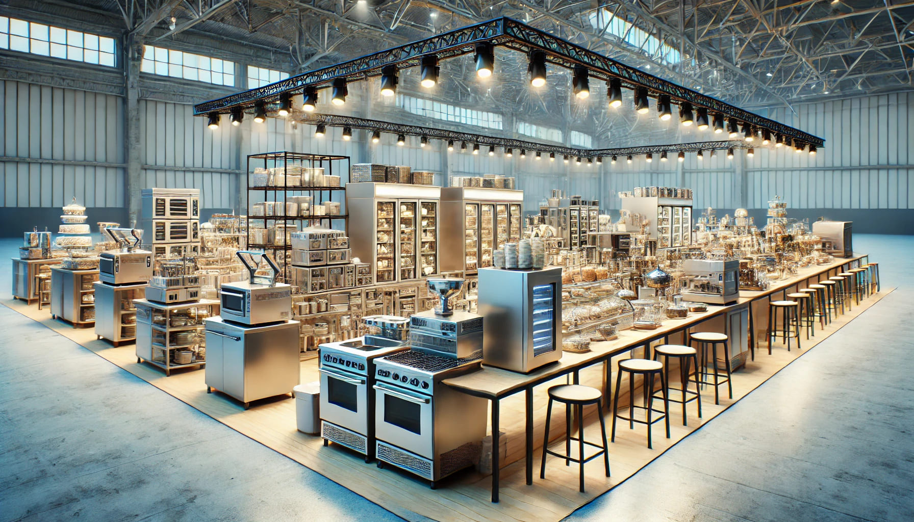 A realistic image showing a wide range of catering equipment set up for an event. The image features kitchen appliances, food preparation stations