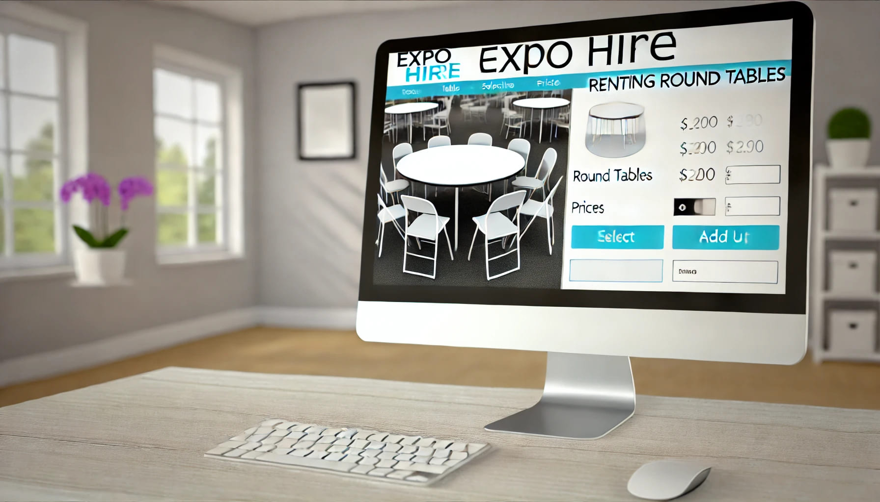 A realistic image showing the process of renting round tables through an online platform. The image features a computer screen displaying the Expo Hir