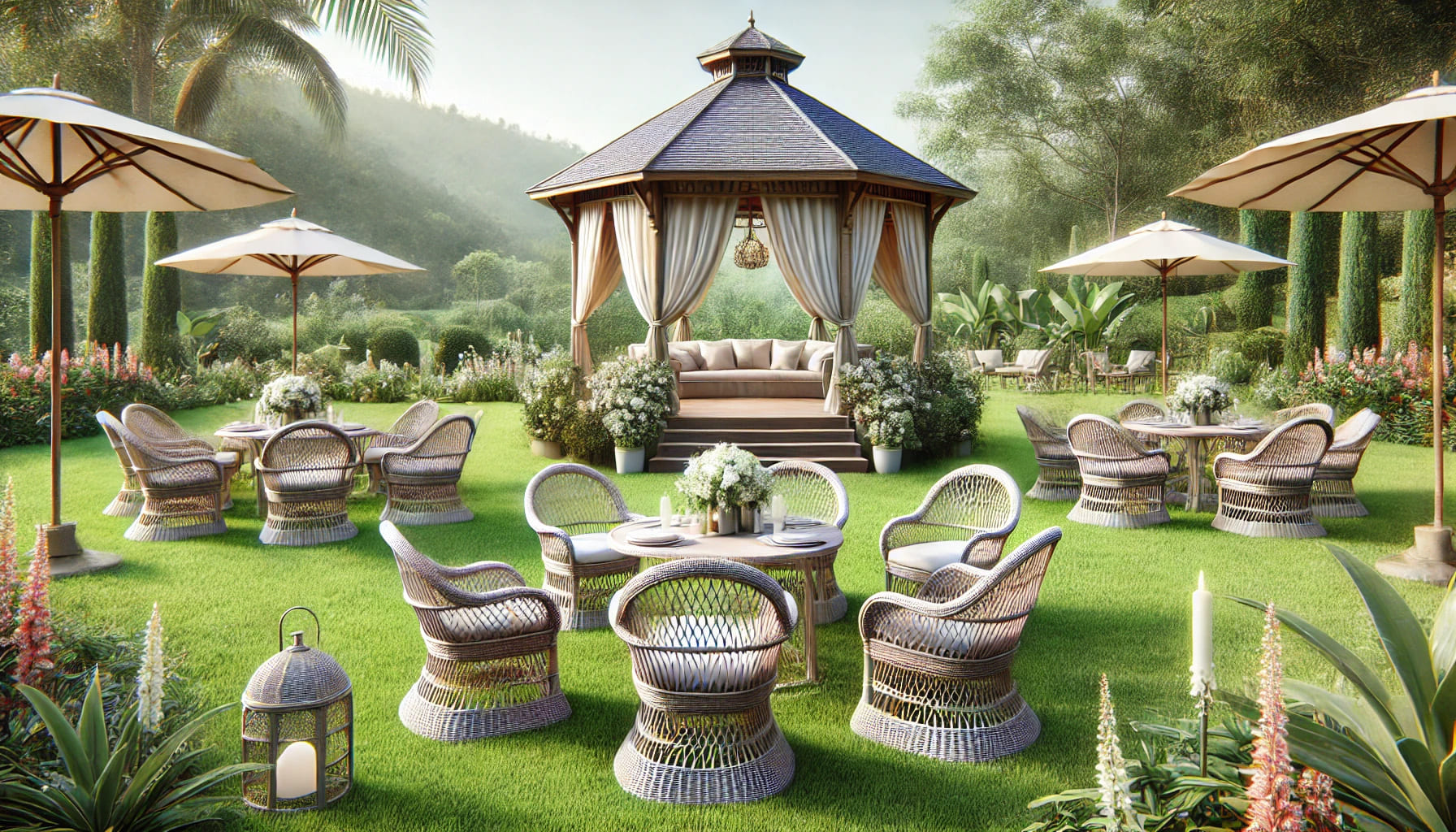 A realistic landscape image showing an outdoor wedding setup with elegant rattan chairs and tables under a large gazebo. The setting is in a lush gard