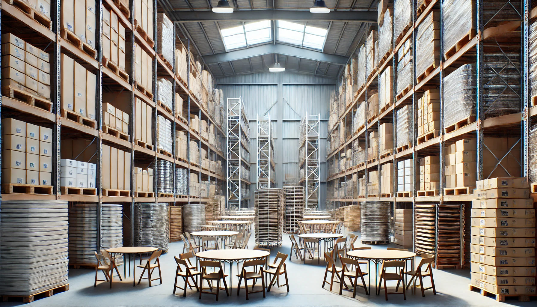 A realistic, well-lit image of a storage warehouse filled with different types of tables stacked and ready for delivery. The warehouse is clean and or