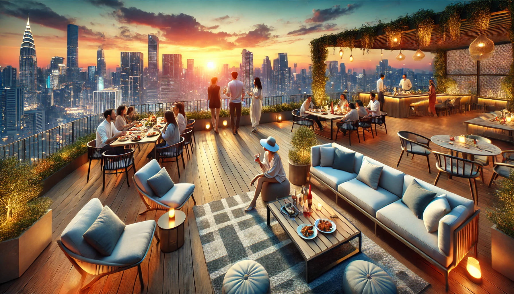 A rooftop party scene with people enjoying food and drinks, stylish furniture, and a stunning city view at sunset. The setting includes comfortable se