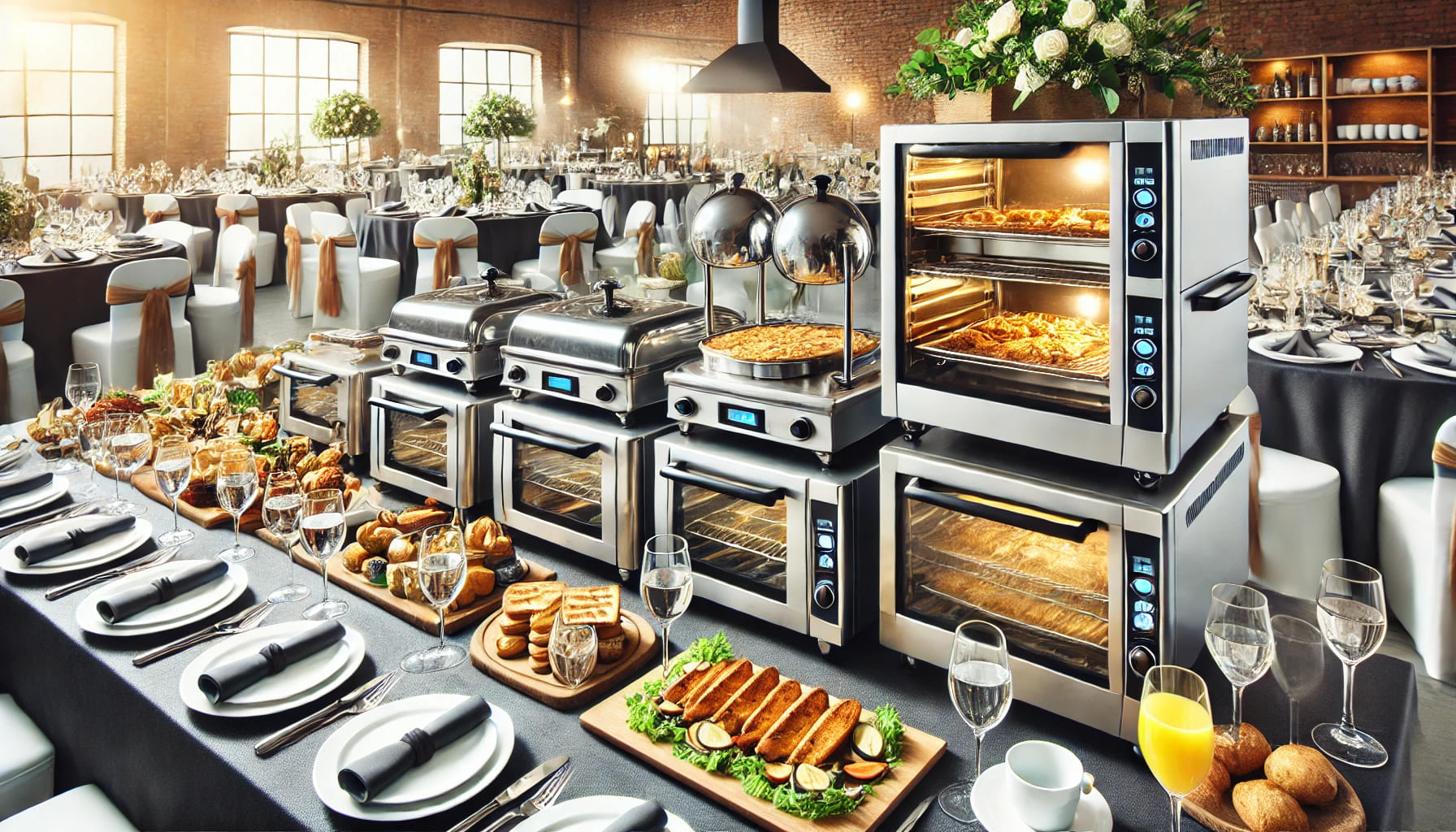 A wedding breakfast setup featuring professional catering equipment such as ovens, chafing dishes, and beverage dispensers. The image shows a beautifu