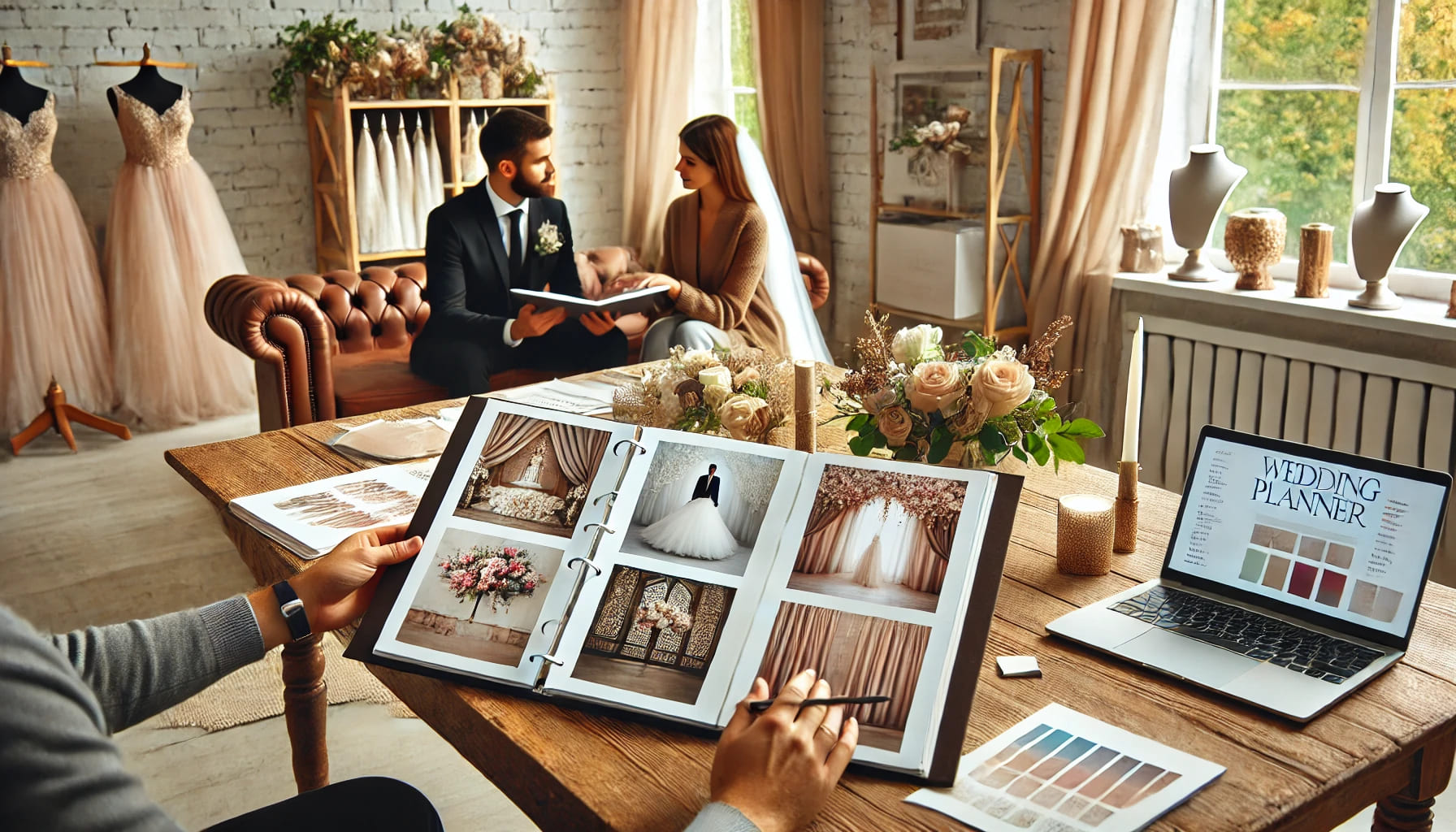 A wedding planner showing a couple a portfolio of themes and decor options, in a cozy office setting